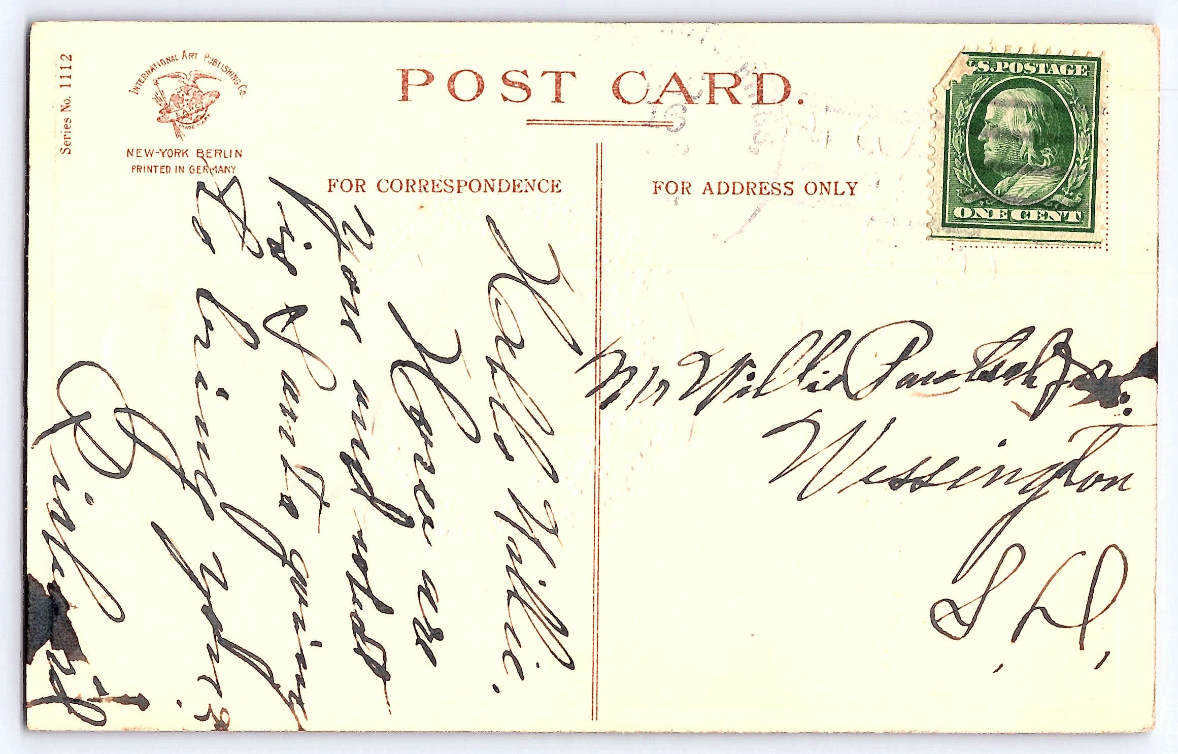 International Art Publishing, Divided Back, Christmas Child, 1908 - Back