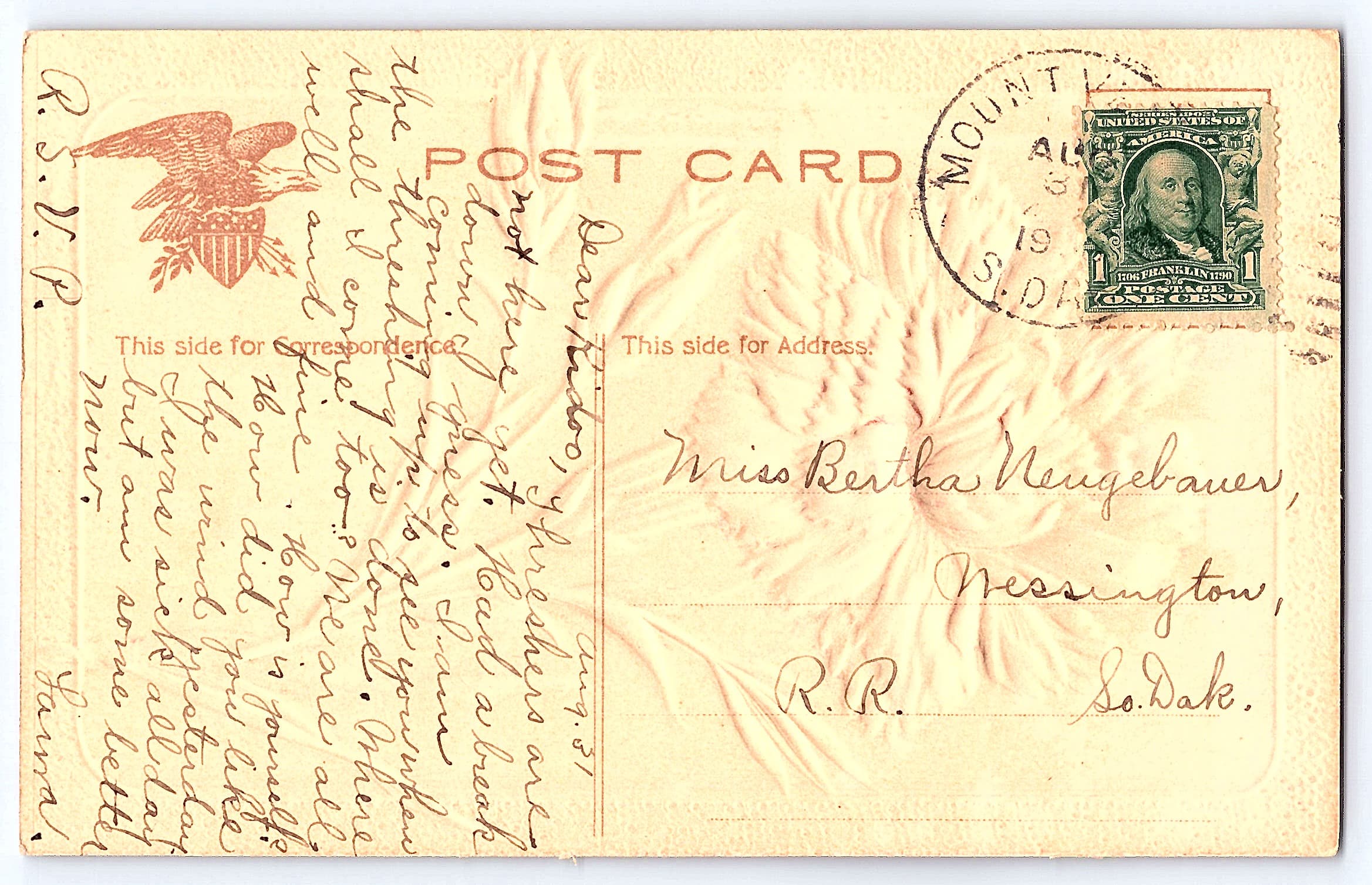 Embossed Flower Postcard, Mount Vernon SD, 1910 - Back