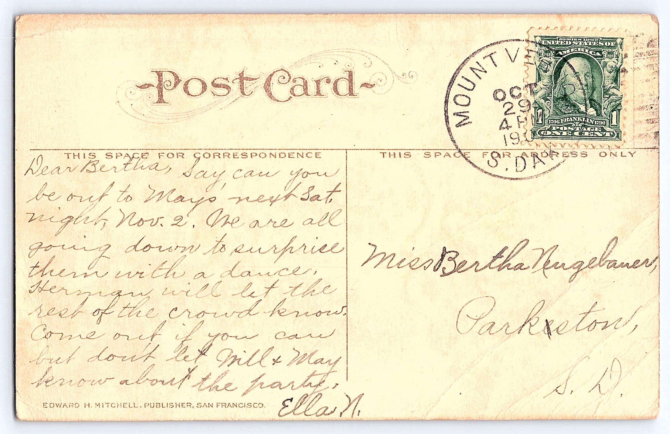 Edward H. Mitchell, Divided Back, California Poppy, 1910 Postmark - Back
