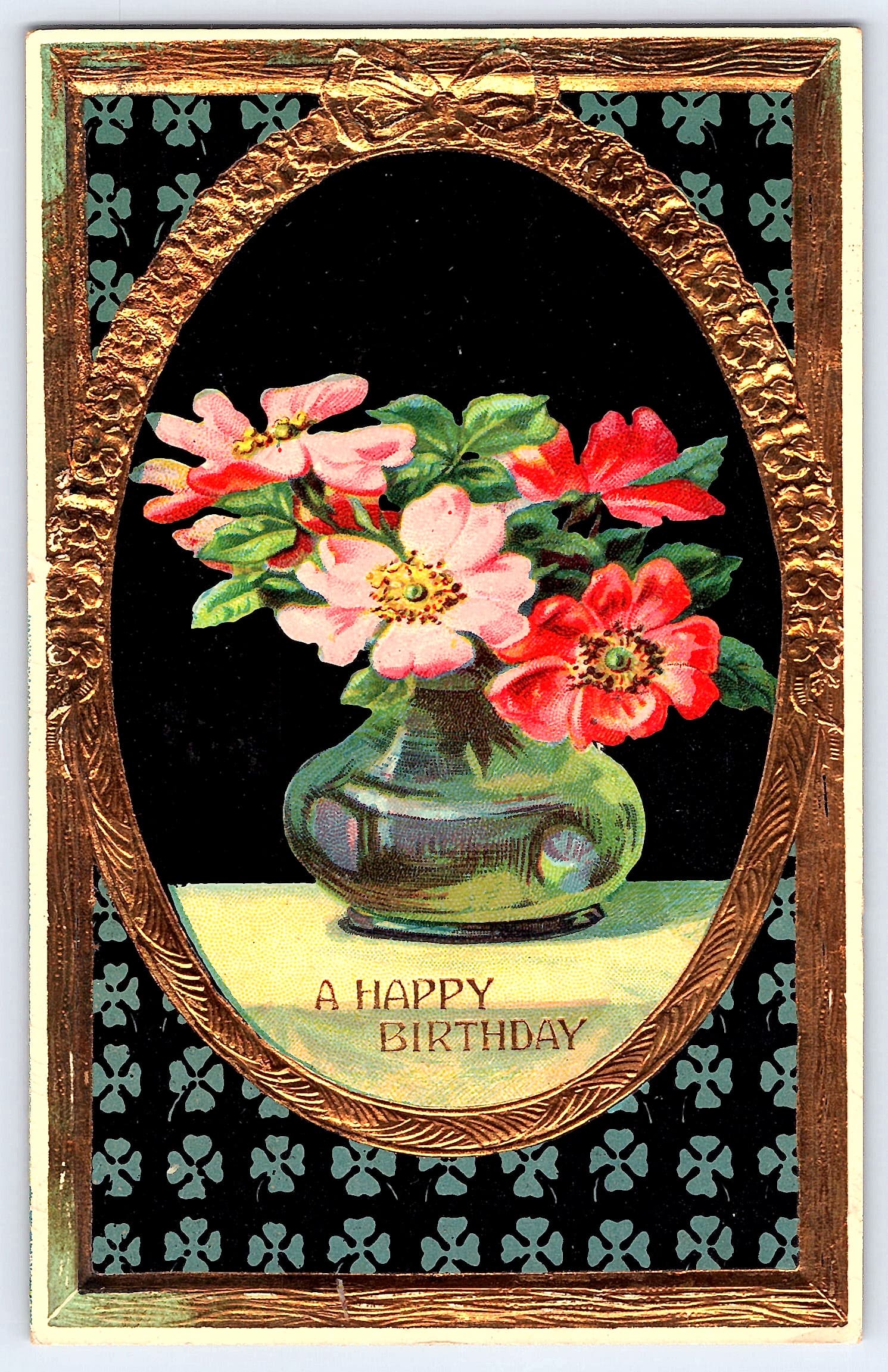German Publisher, Embossed Birthday Postcard, Floral Vase, Early 1900s