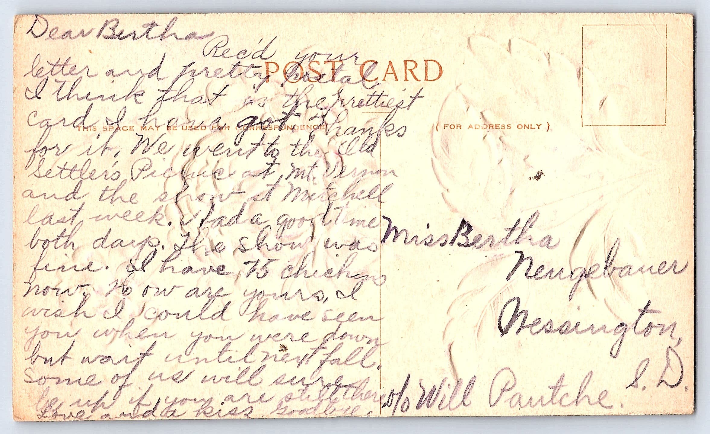 Embossed Floral Postcard, RPPC, Best Wishes from Ella, Early 1900s - Back