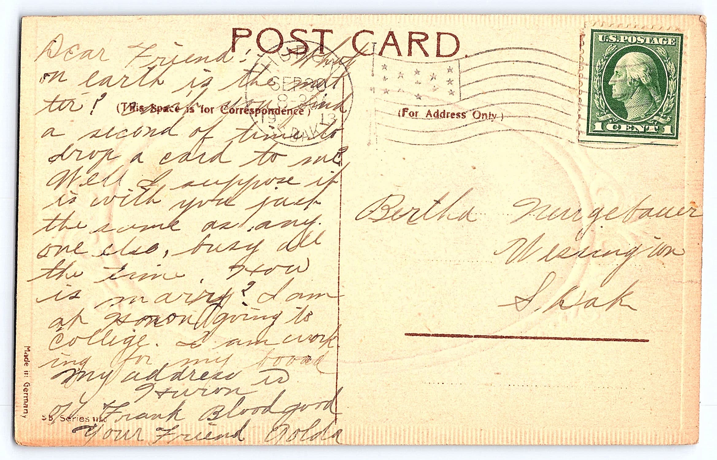 S.B. Series 110, Divided Back Postcard, Floral Design, 1913 Postmark - Back