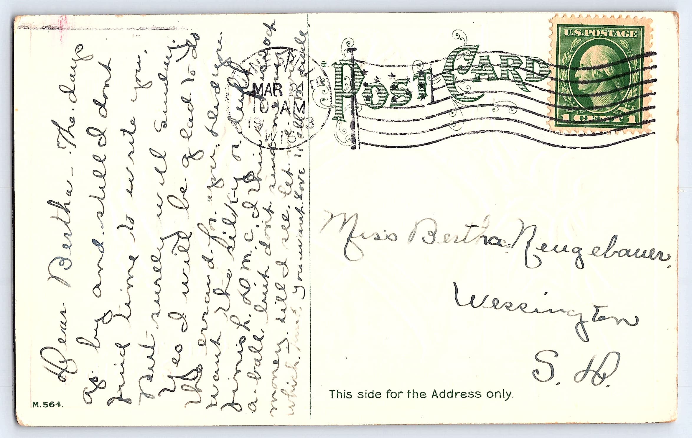 C. T. Herman 1911 Easter Greeting Postcard, Wessington, SD, 1910s - Back