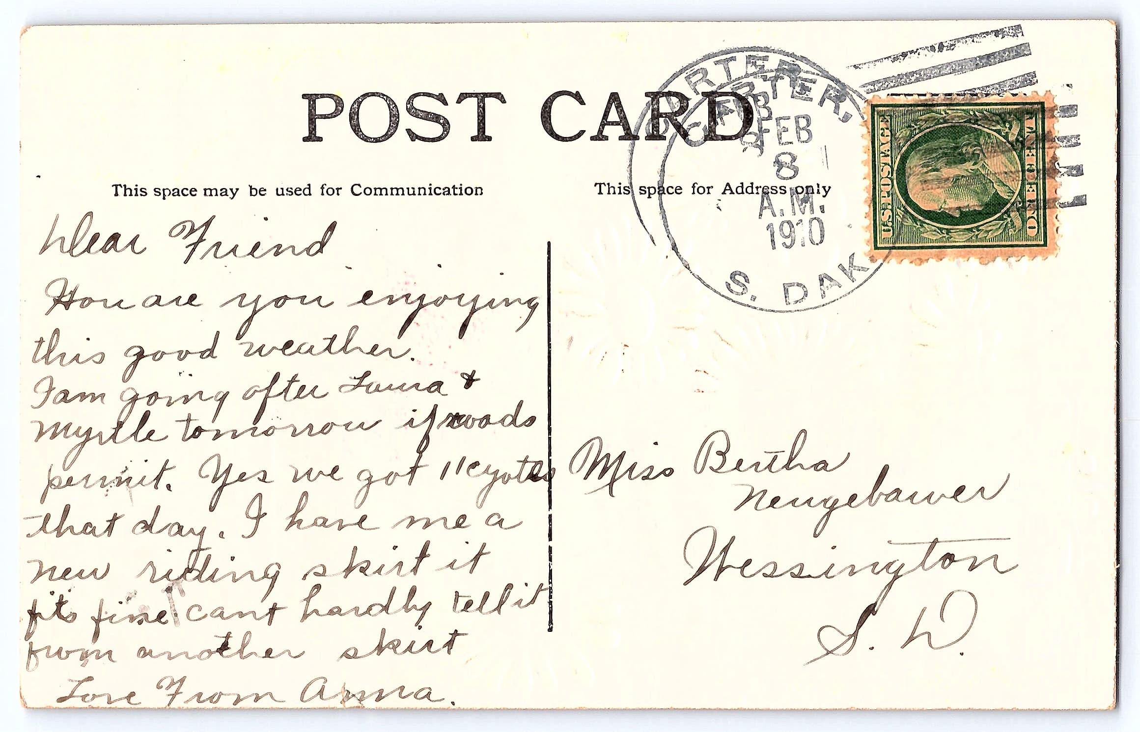 Loving Greetings, Divided Back Postcard, South Dakota, 1910 - Back