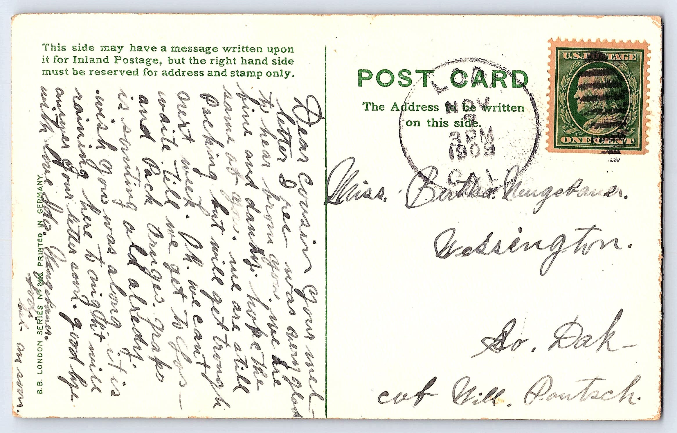 B.B. London Series, Divided Back Postcard, Romantic Scene, 1909 - Back