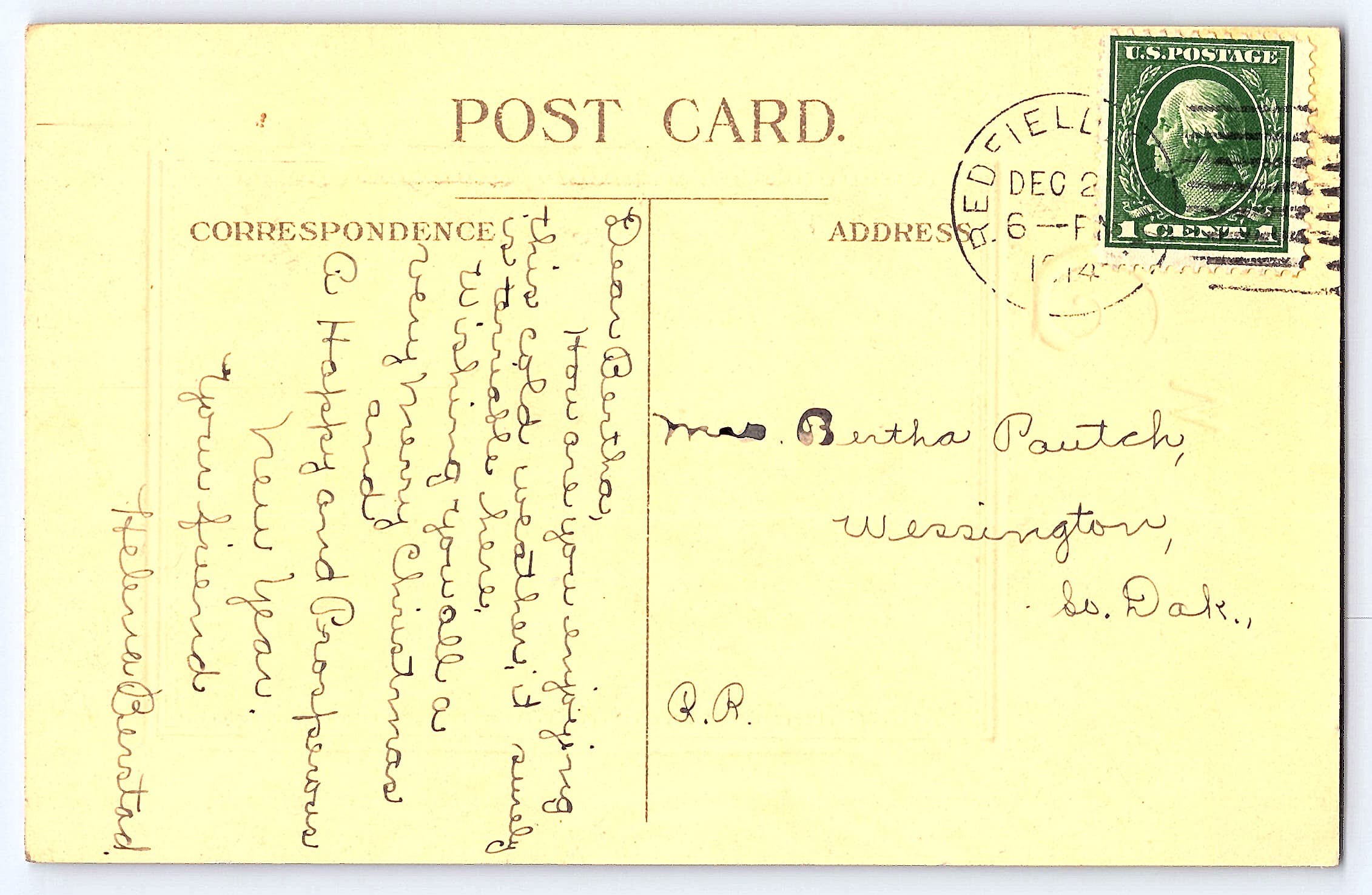 Christmas Wishes, Divided Back Postcard, Redfield SD, 1914 - Back