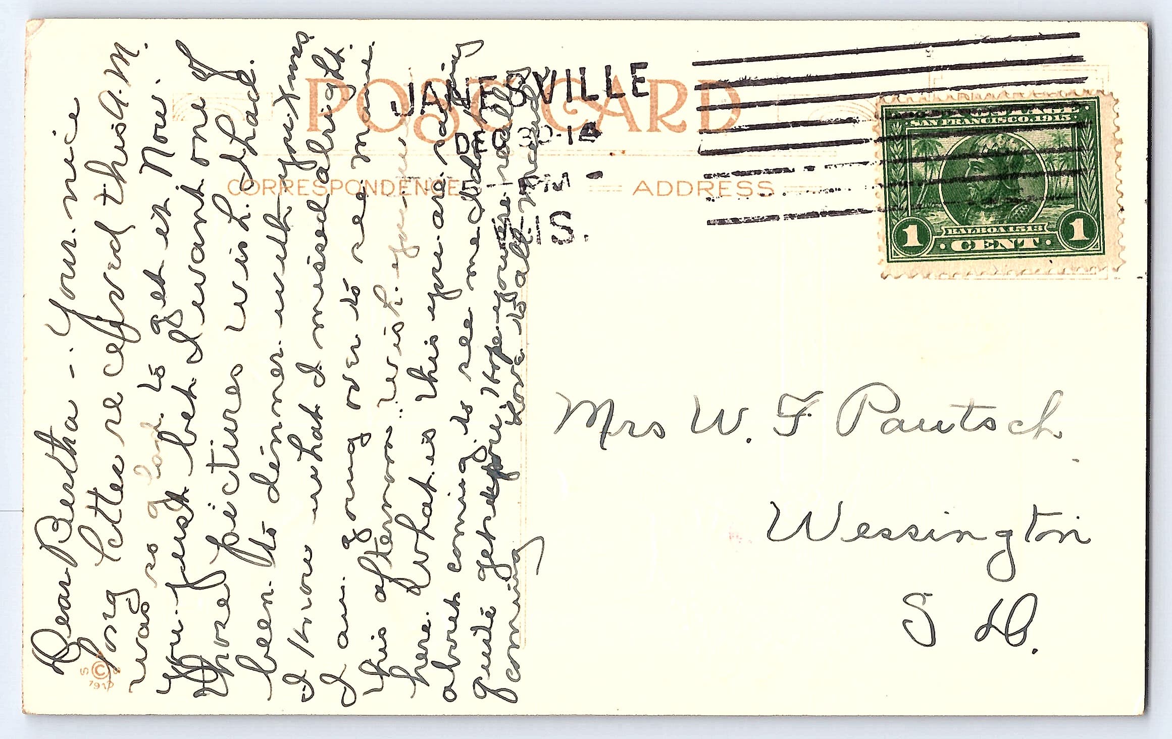 A Joyful New Year Postcard, Divided Back, 1912, Wisconsin to South Dakota - Back