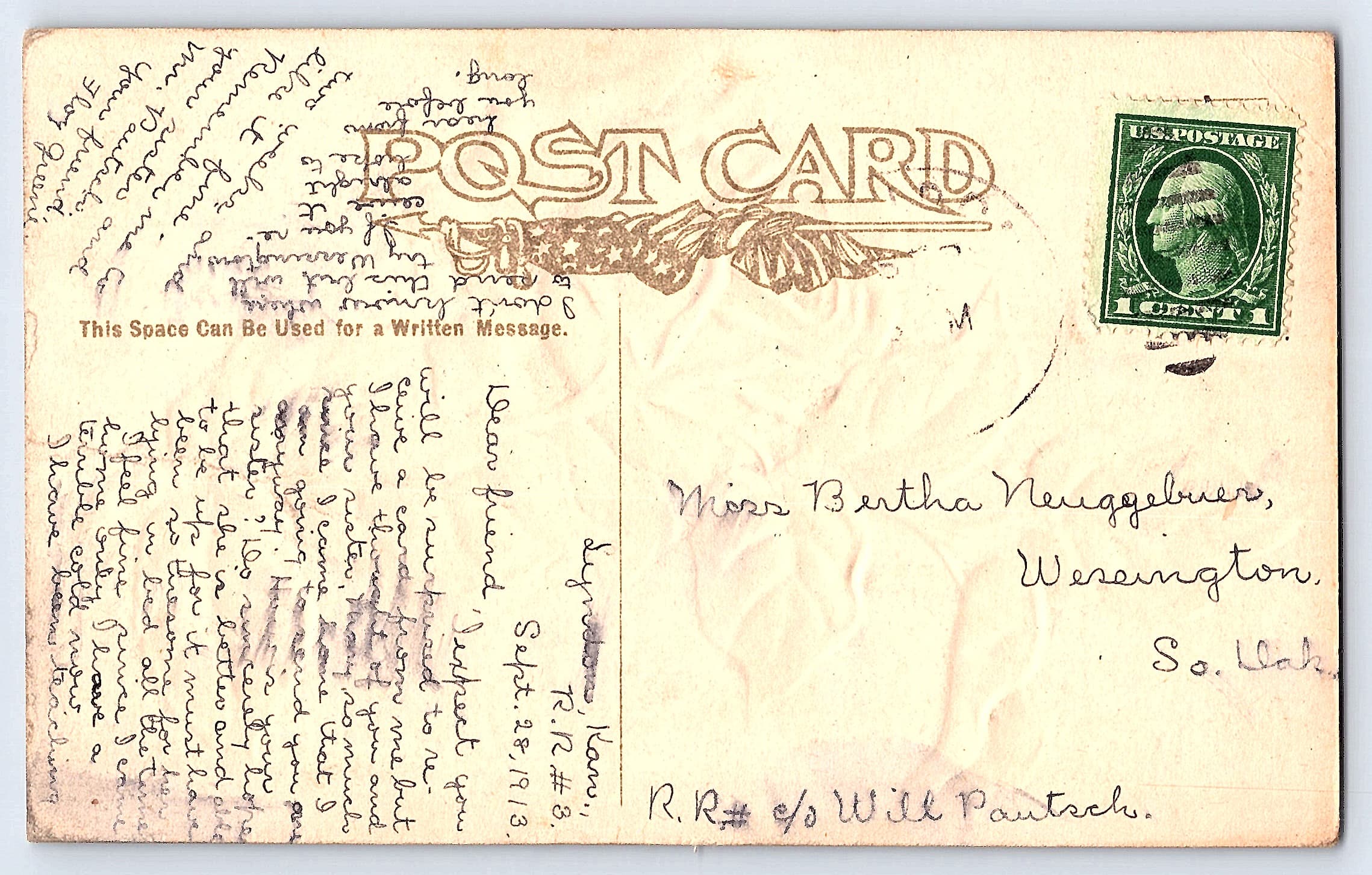 Linen Postcard, Pink Rose, 1913, South Dakota Postmark - Back