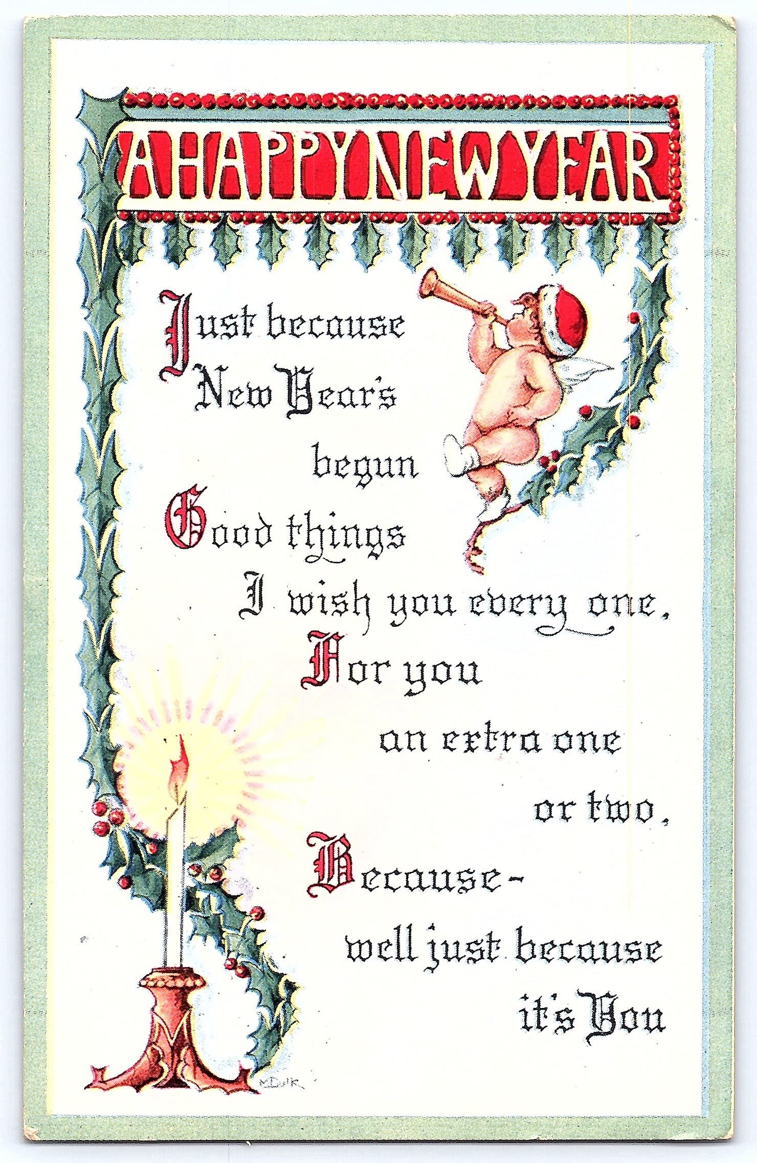 Fairfield Co. New Year Postcard, Cupid Design, 1909 Postmark