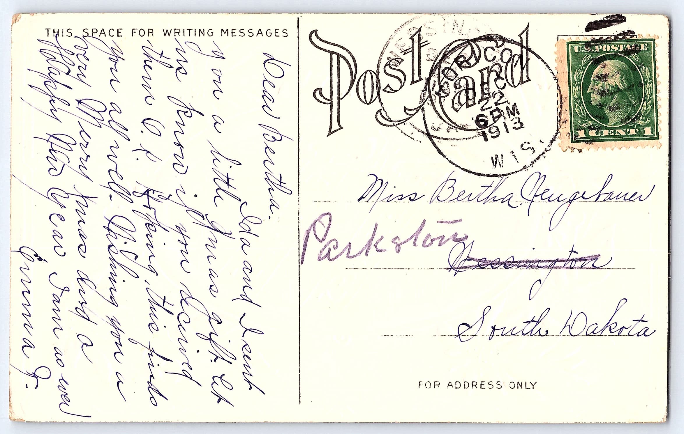 Christmas Greetings Postcard, Divided Back, 1913, Wisconsin to South Dakota - Back