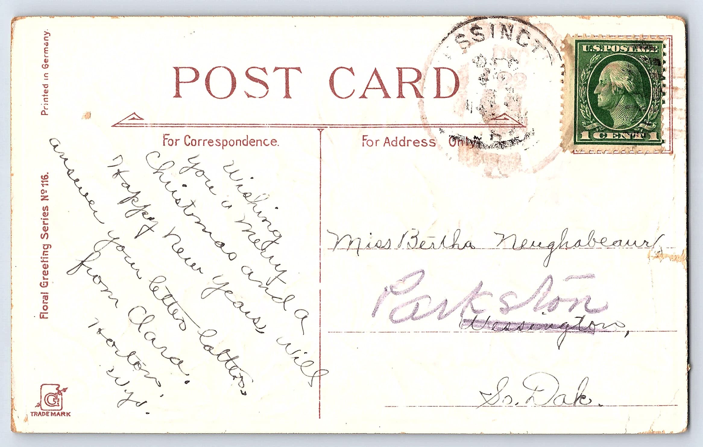 Floral Greeting Series No. 116, Divided Back, Azalea, 1908 Postmark - Back