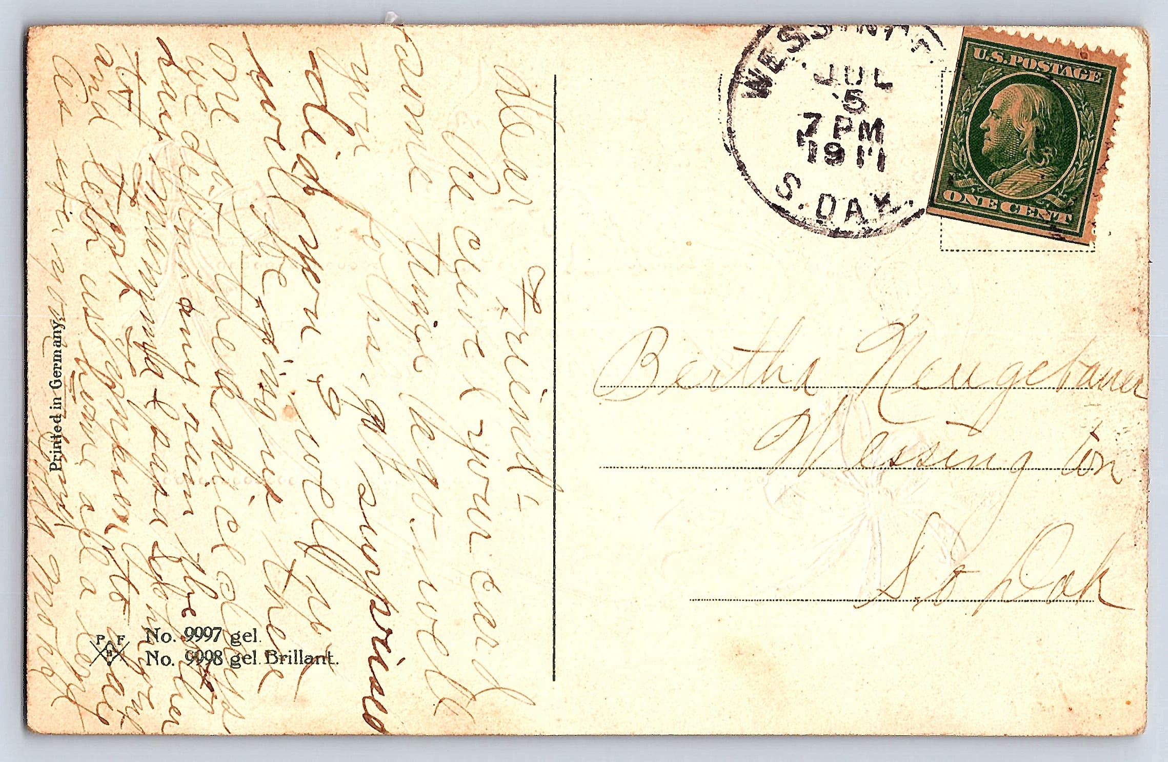 Germany Publisher, Divided Back Birthday Postcard, 1911 - Back