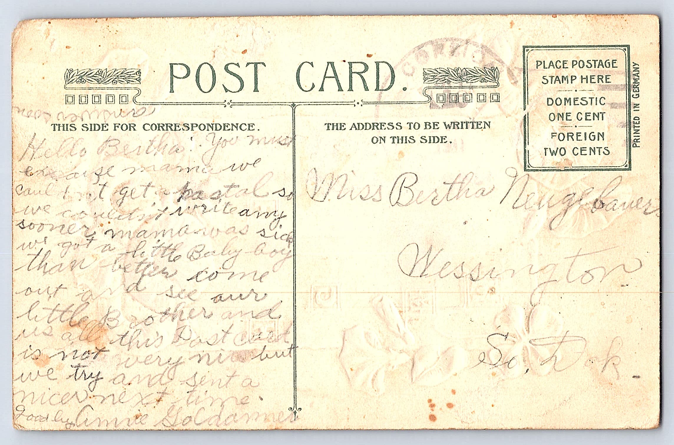 Charlotte Murray, Divided Back Postcard, Floral Blessing, Early 1900s - Back