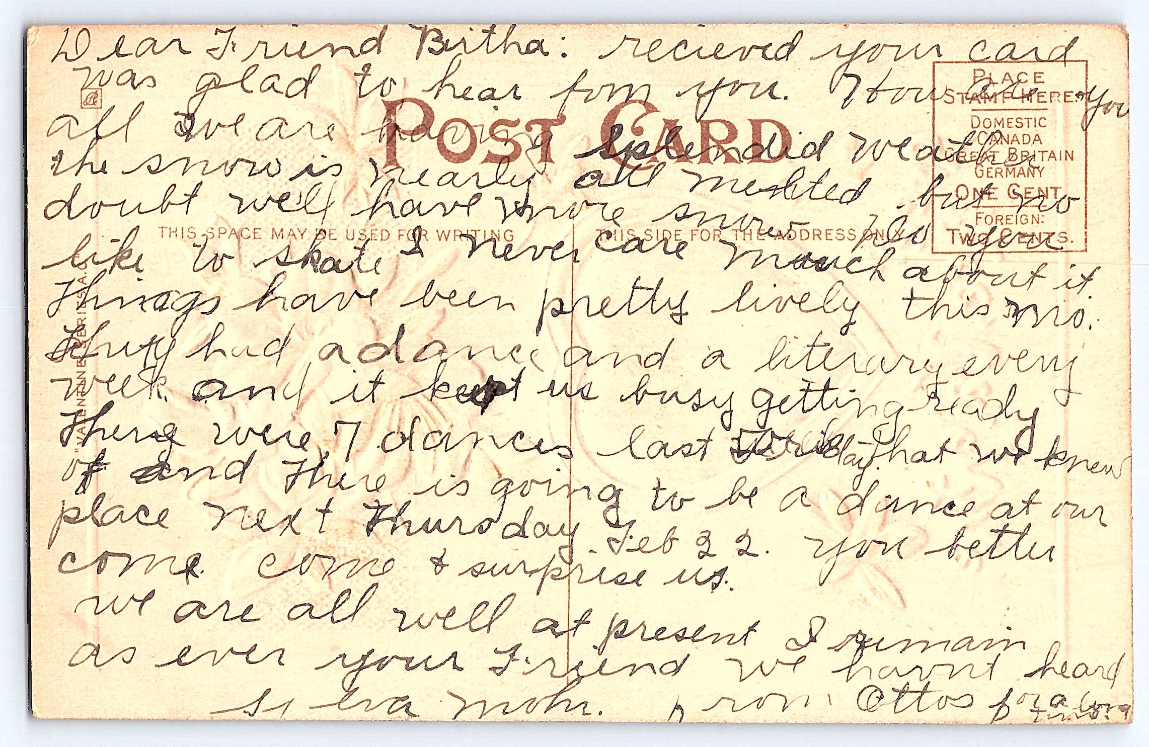 Valentine's Day Postcard, Divided Back, Early 1900s - Back