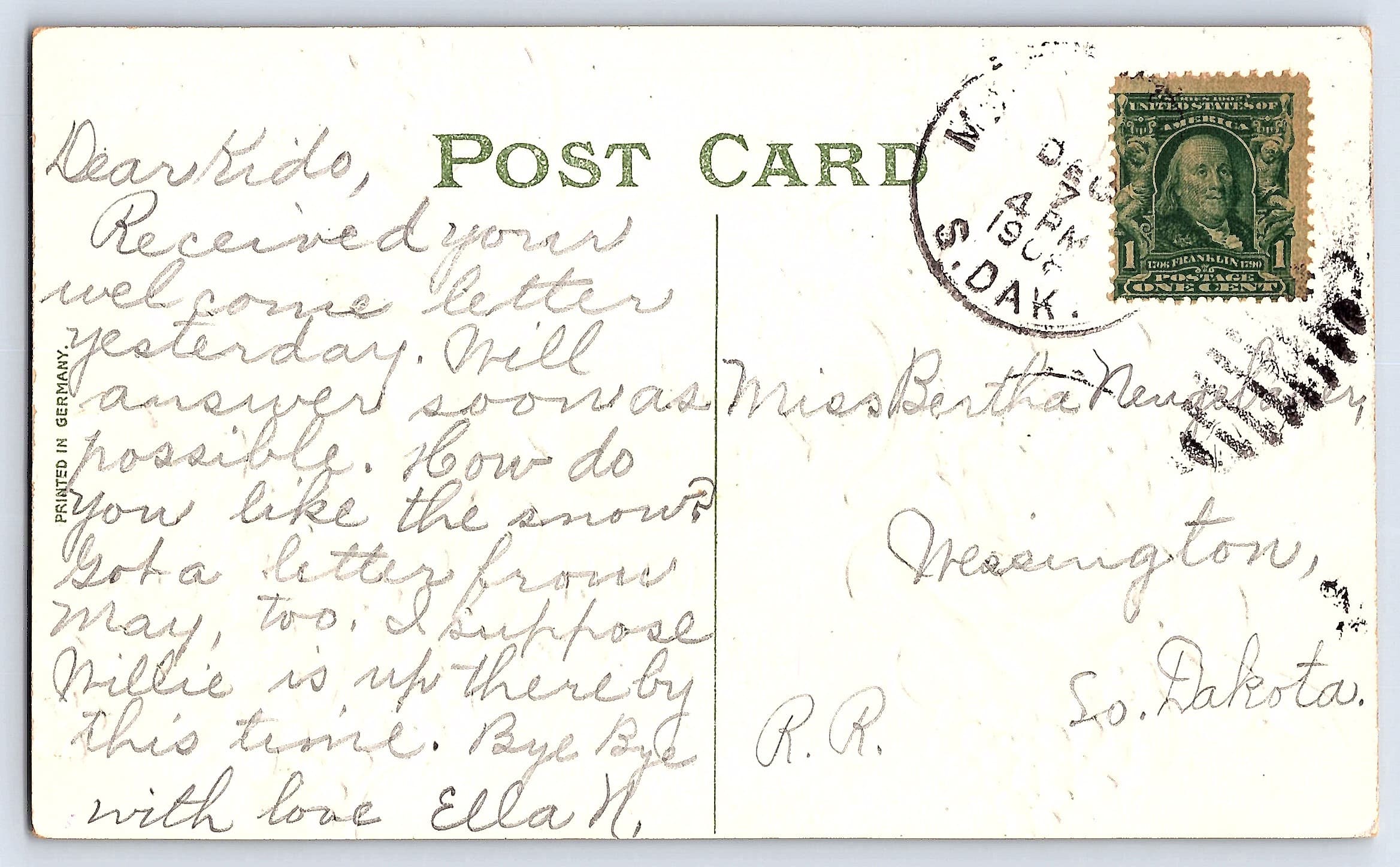 German Publisher, Divided Back, Best Wishes Floral Scene, 1909 - Back