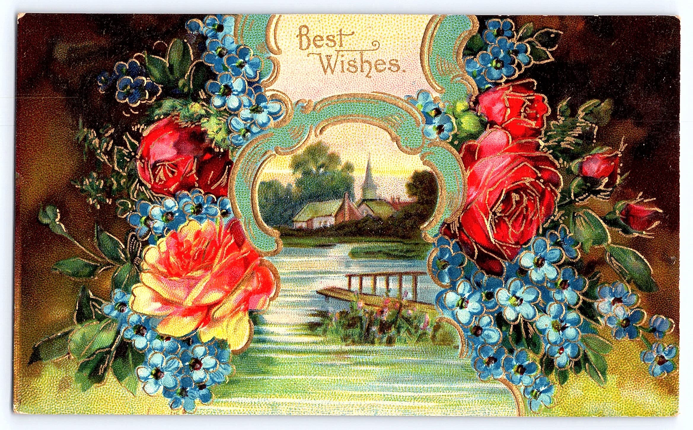 German Publisher, Divided Back, Best Wishes Floral Scene, 1909