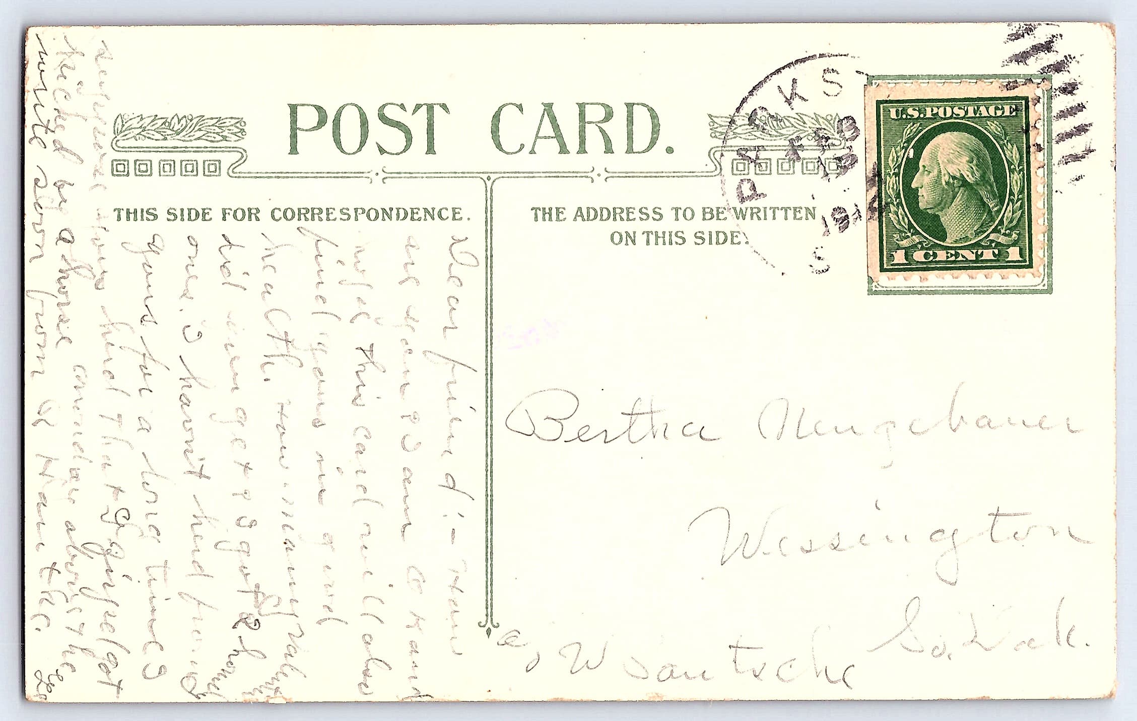 Best Wishes Floral Linen Postcard, Kansas, 1915 Postmark - Back