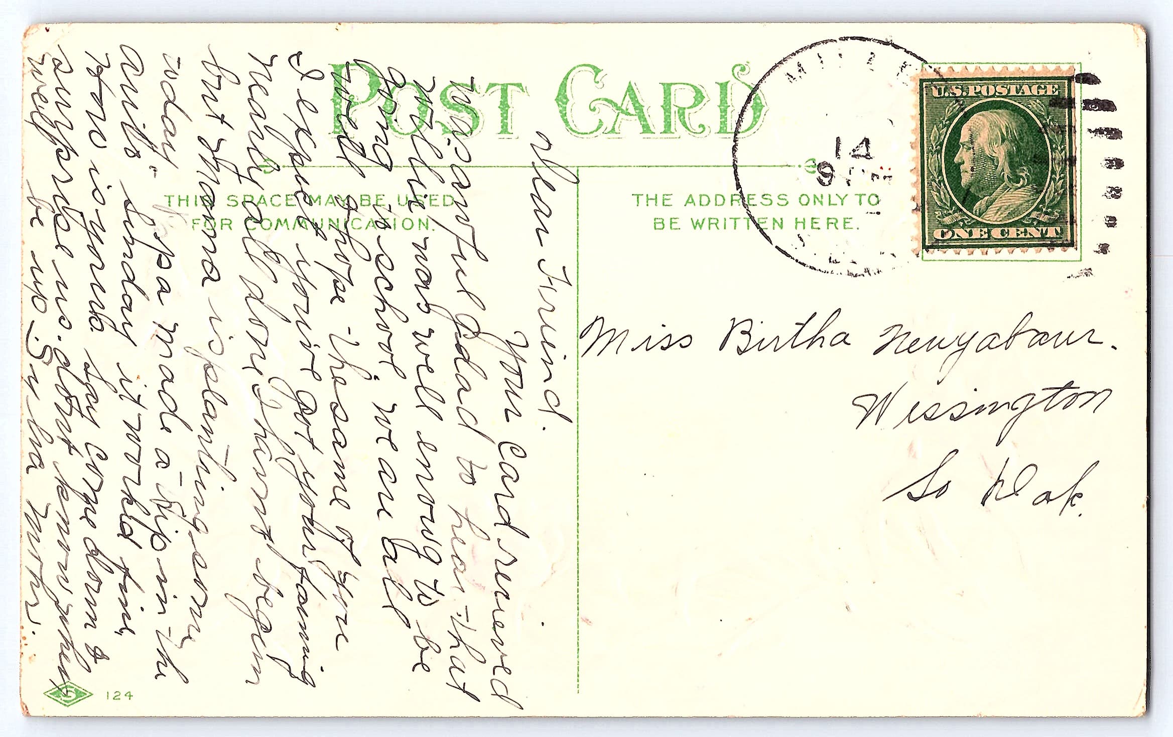 A Joyous Easter, Divided Back Postcard, Rural Scene, 1914 Postmark - Back
