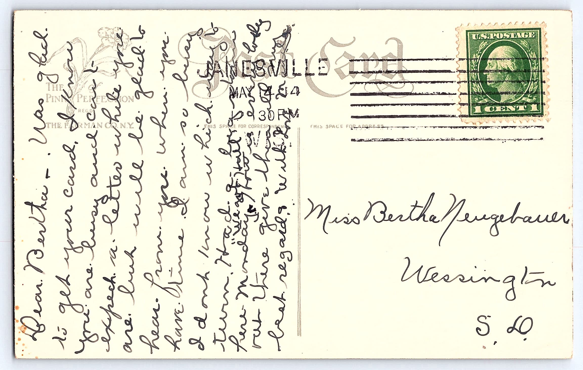 The Pinner Perfection, Linen Postcard, Scenic View, 1924 Postmark - Back