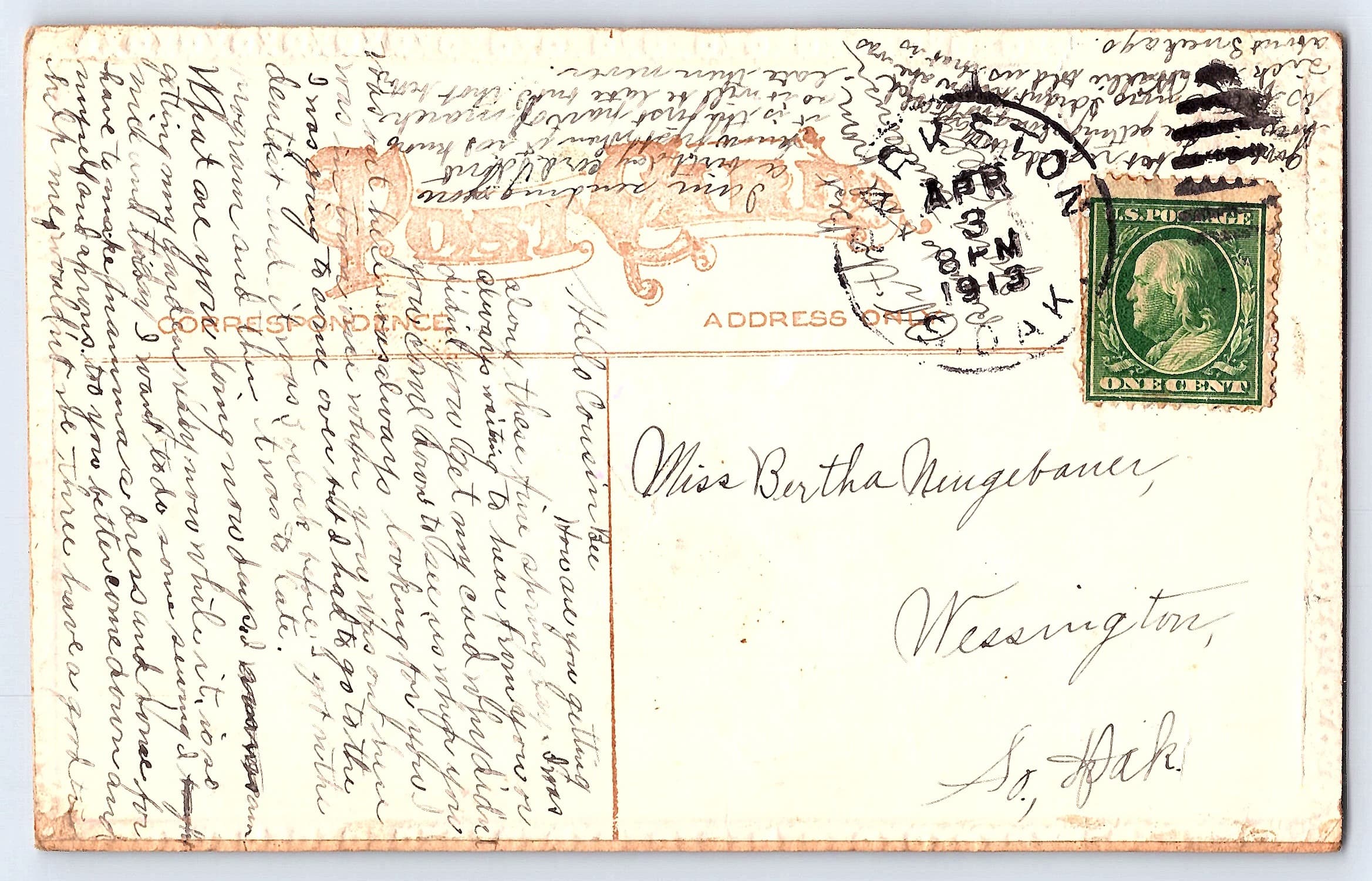 Birthday Greetings, Divided Back Postcard, 1913 Postmark - Back