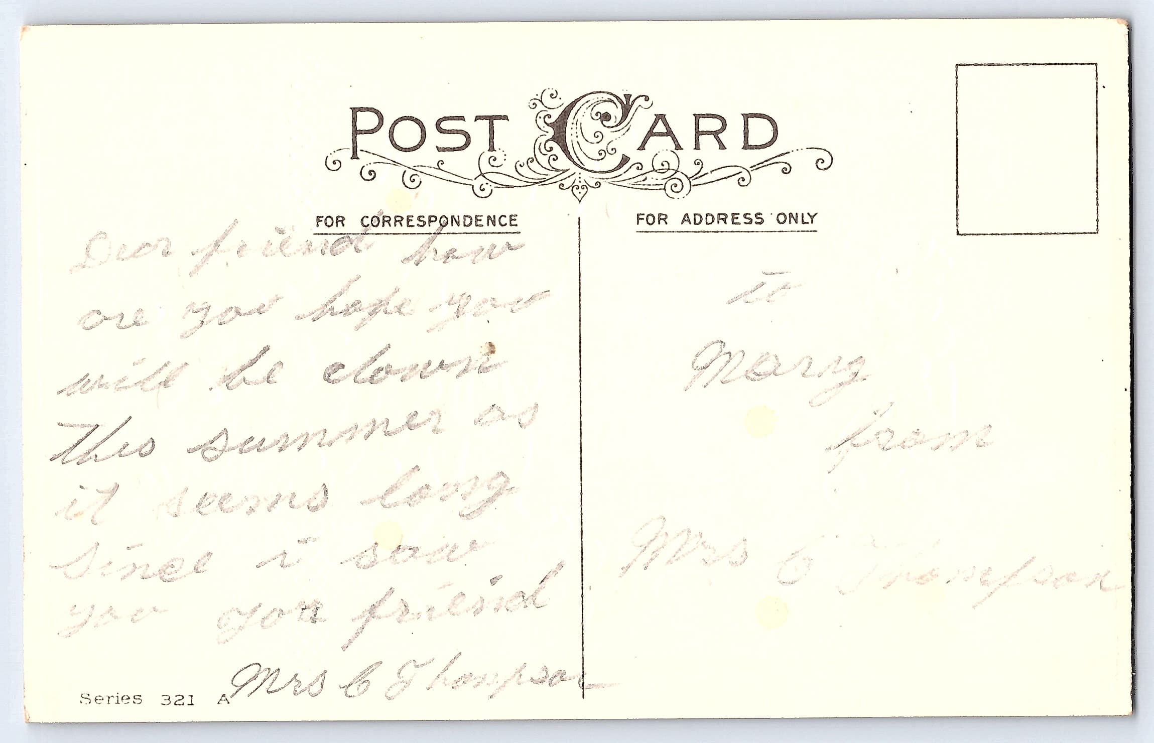 Series 321 A, Divided Back Postcard, Hearty Greetings, Early 1900s - Back