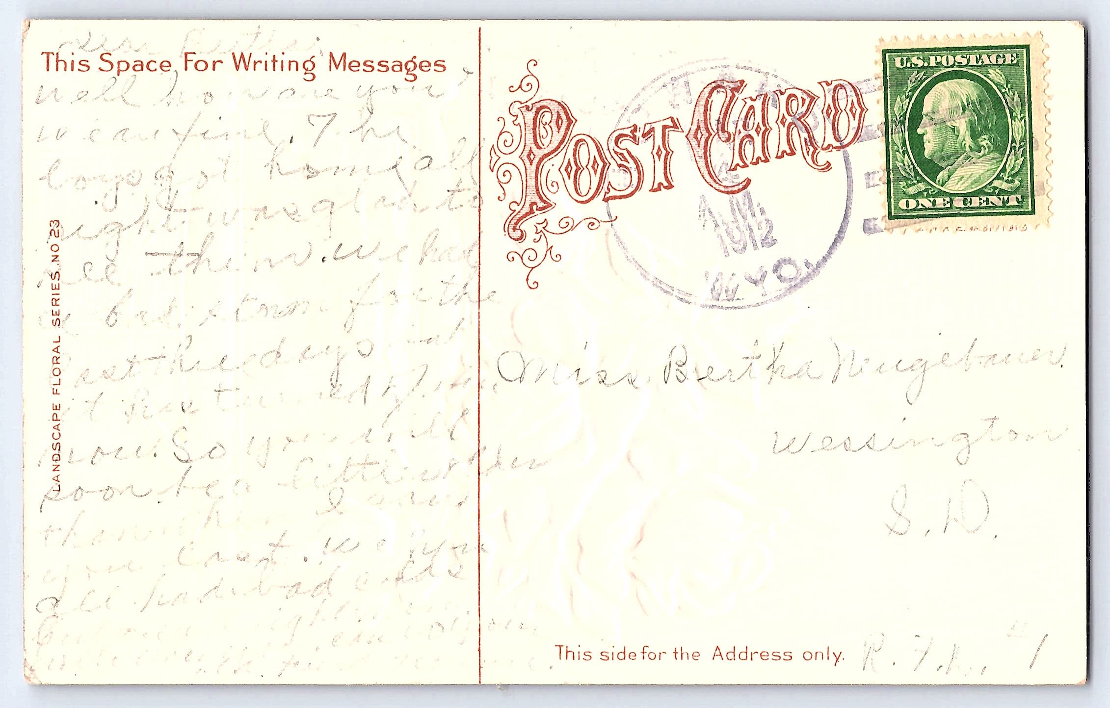 Landscape Floral Series No. 23, Divided Back, Birthday Greetings, 1912 - Back