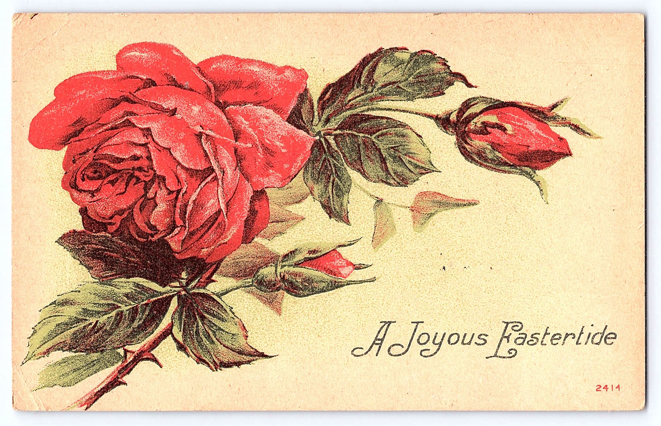 A Joyous Eastertide, Linen Postcard, Roses, Early 1900s