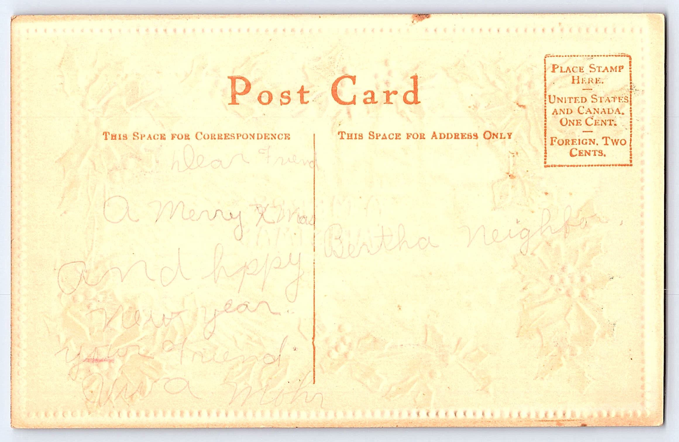 Christmas Greetings, Divided Back Postcard, Early 1900s - Back