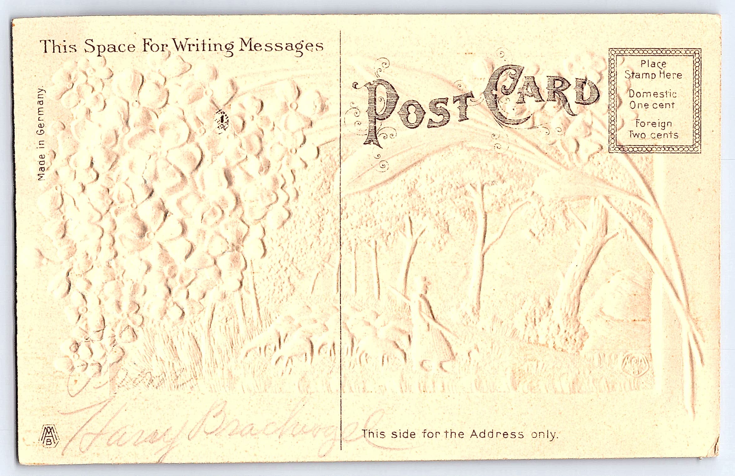 Embossed Pastoral Scene with Flowers, Made in Germany, Divided Back - Back