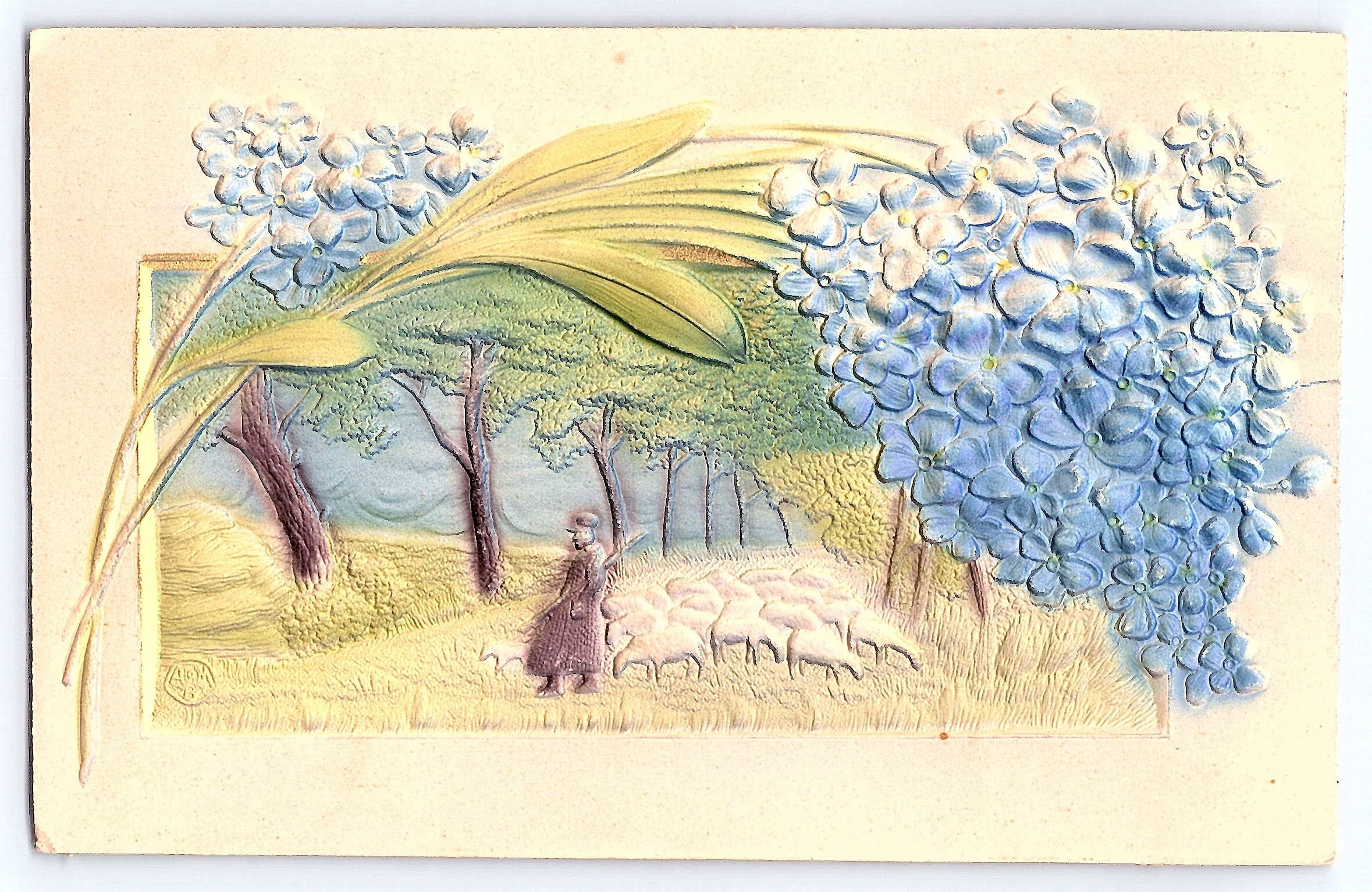 Embossed Pastoral Scene with Flowers, Made in Germany, Divided Back - Front