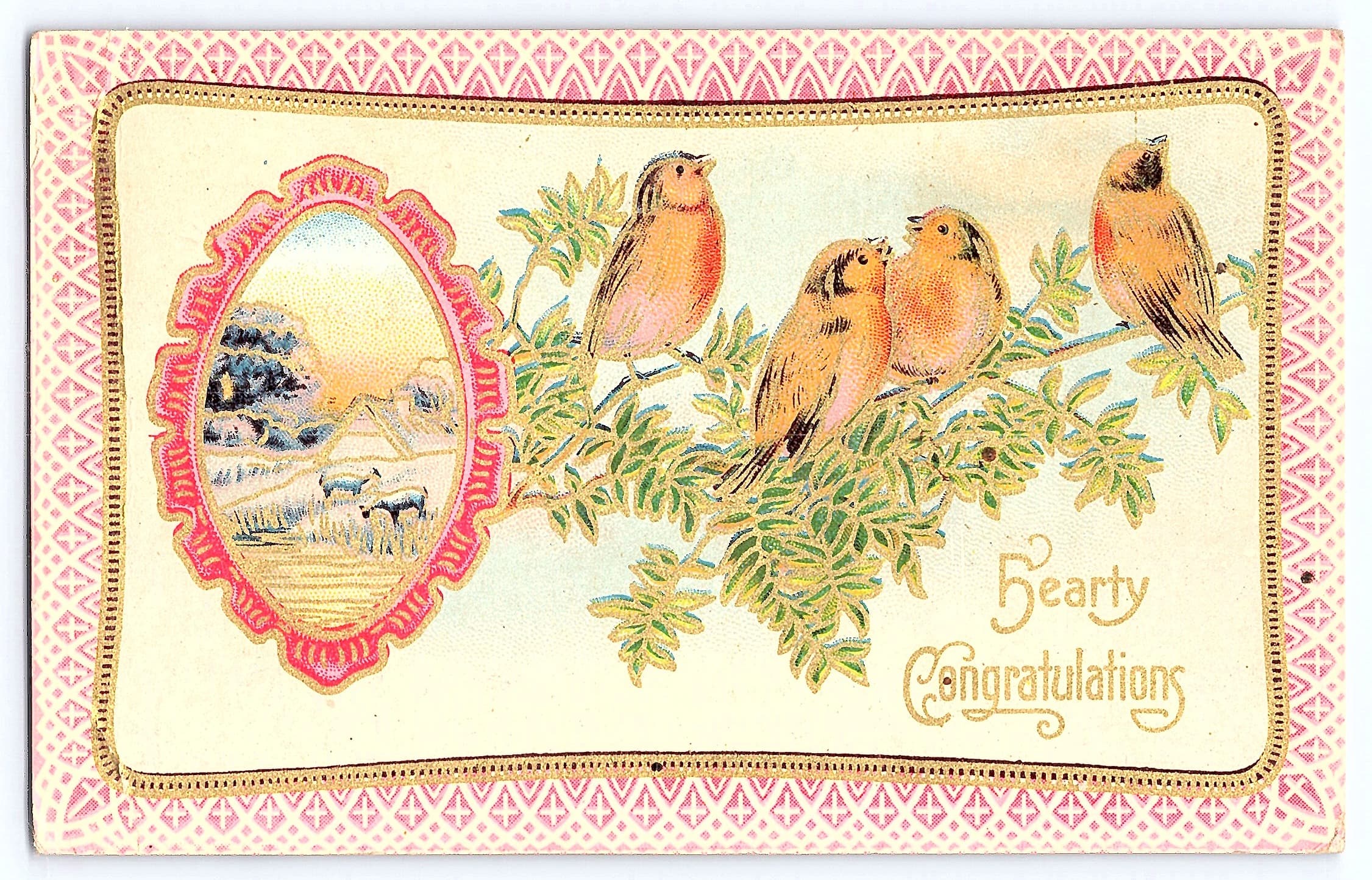 Hearty Congratulations, Divided Back Postcard, Birds and Landscape, 1912