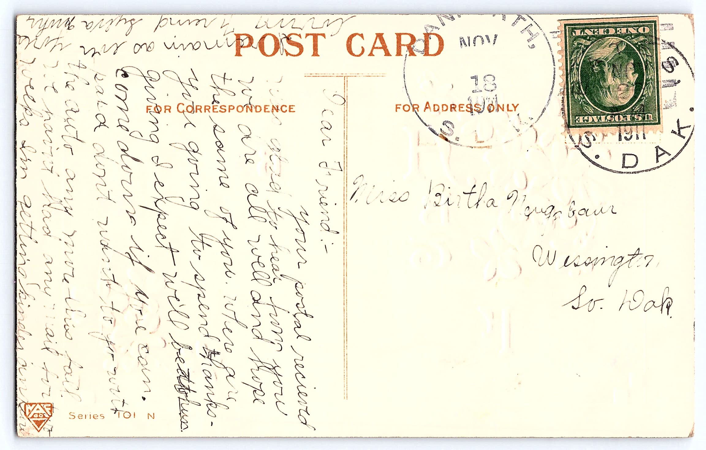 YAE Series 701N, Divided Back Birthday Postcard, 1911 Postmark - Back