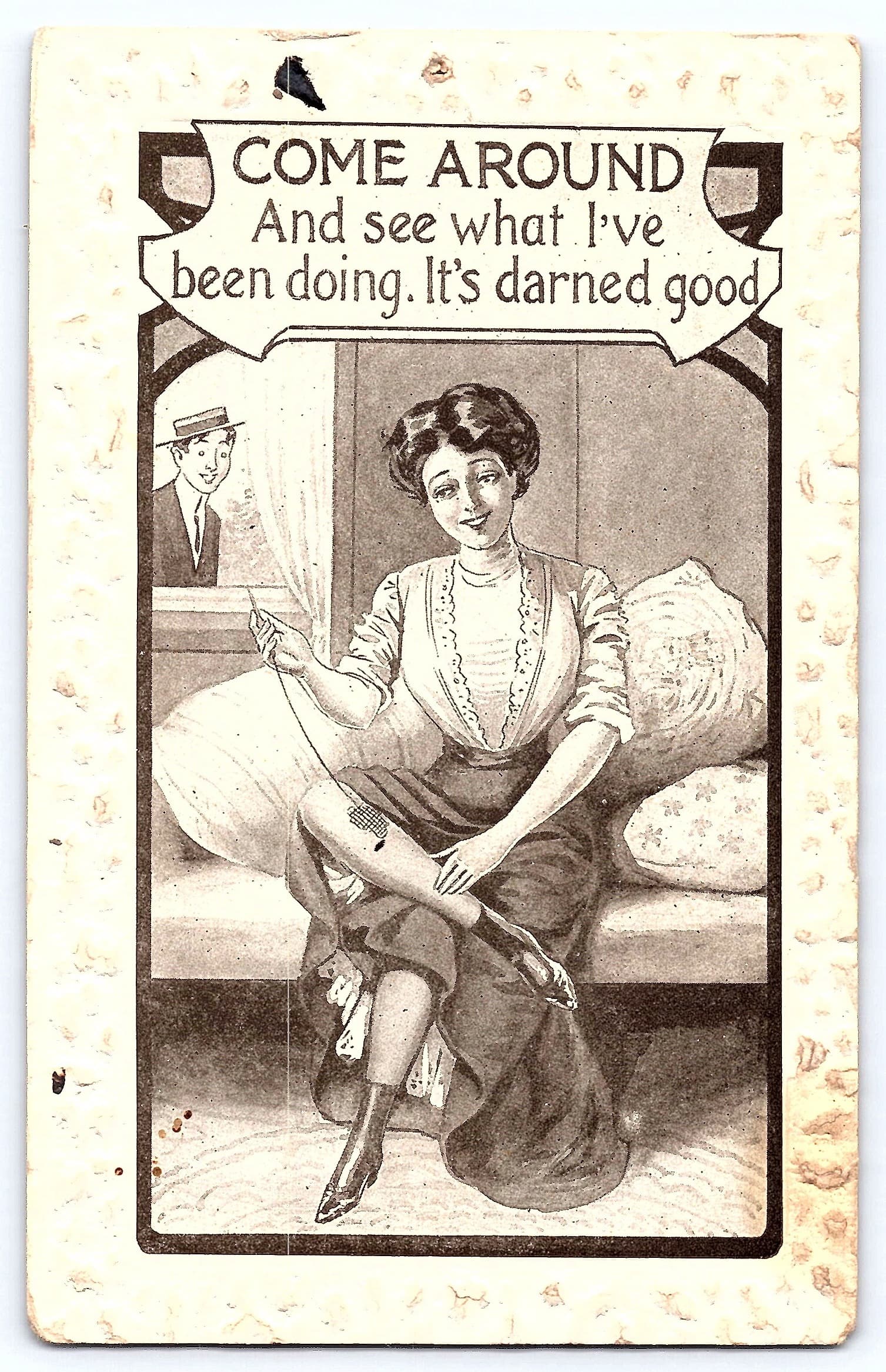 Humorous Linen Postcard, Woman Darning, Early 20th Century