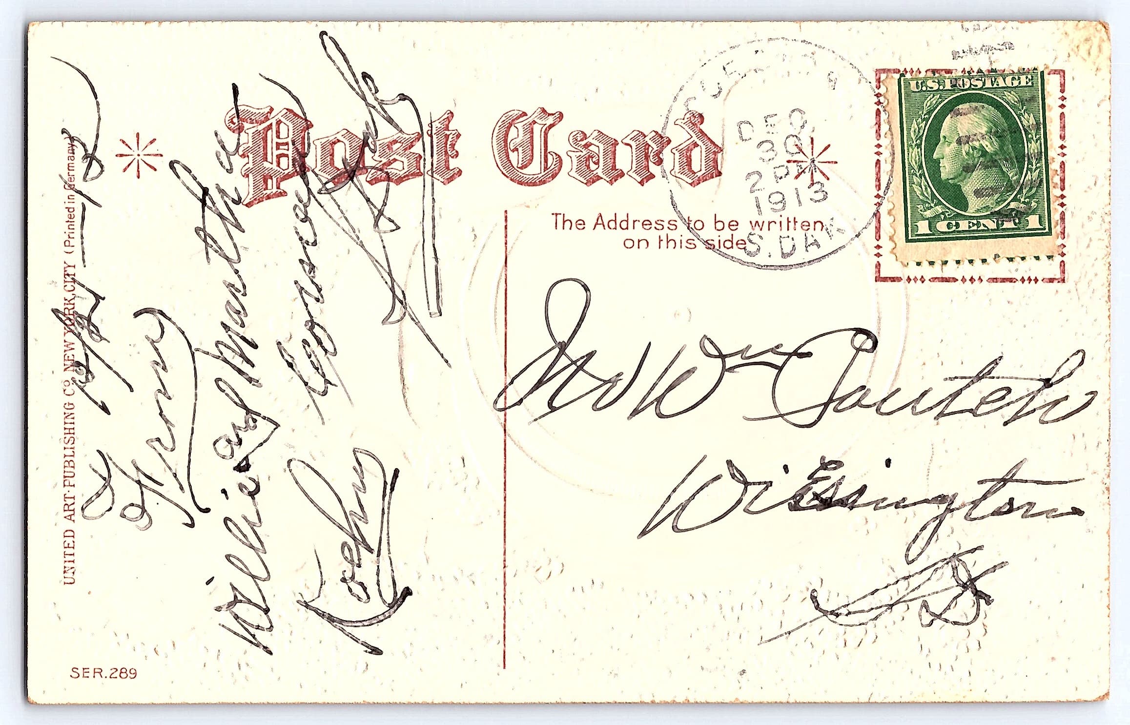 United Art Publishing Co., New Year Postcard, 1913, Embossed Design - Back