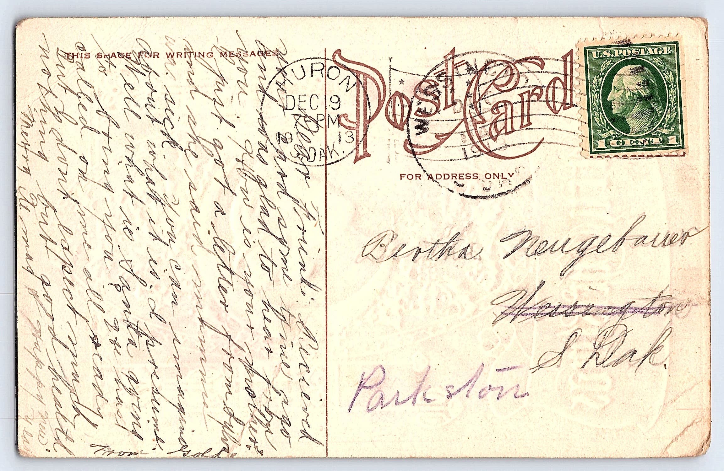 Christmas Greetings Postcard, Divided Back, 1913, Huron, SD - Back