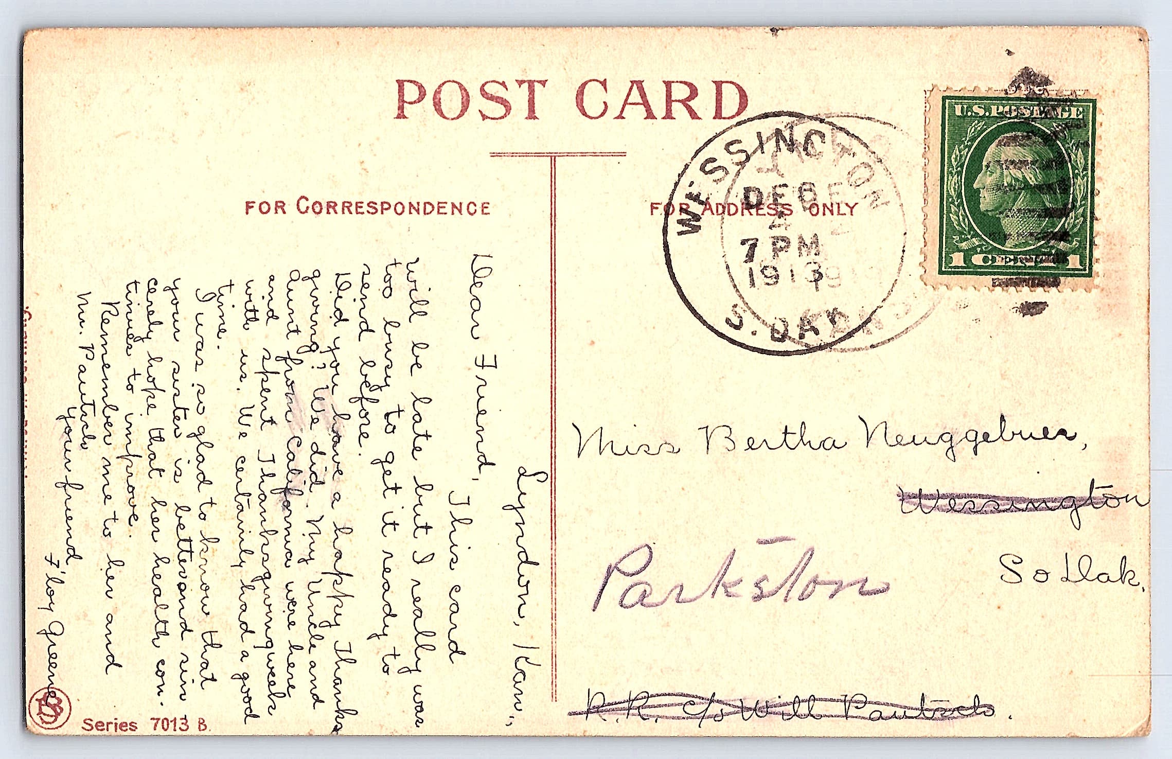 Thanksgiving Greetings, Divided Back Postcard, Wessington, SD, 1913 - Back