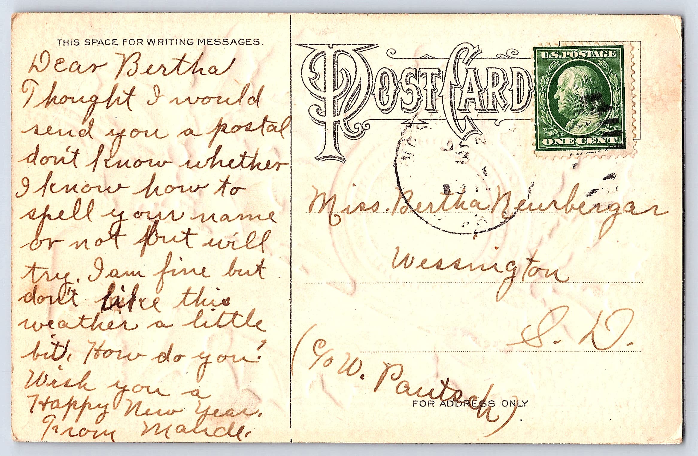 New Year Clock & Holly, Divided Back Postcard, 1910s - Back