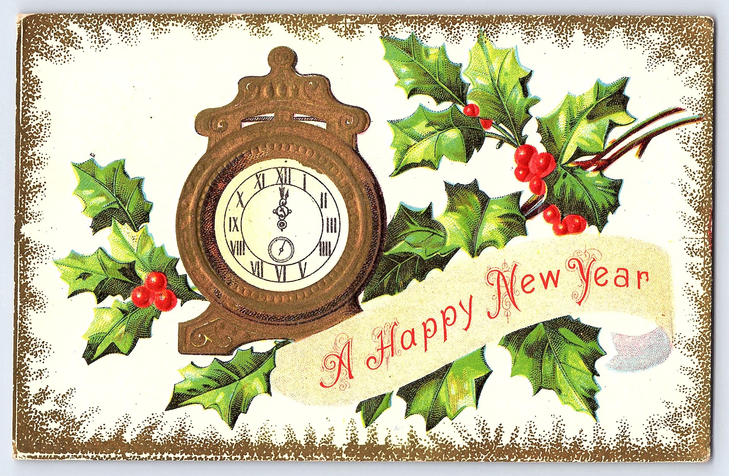New Year Clock & Holly, Divided Back Postcard, 1910s