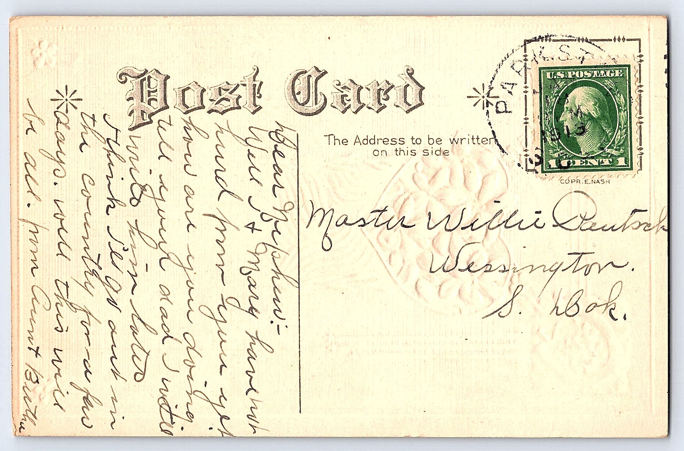 E. Nash Divided Back Postcard, Violets Design, Early 1900s, Postmarked 1910 - Back