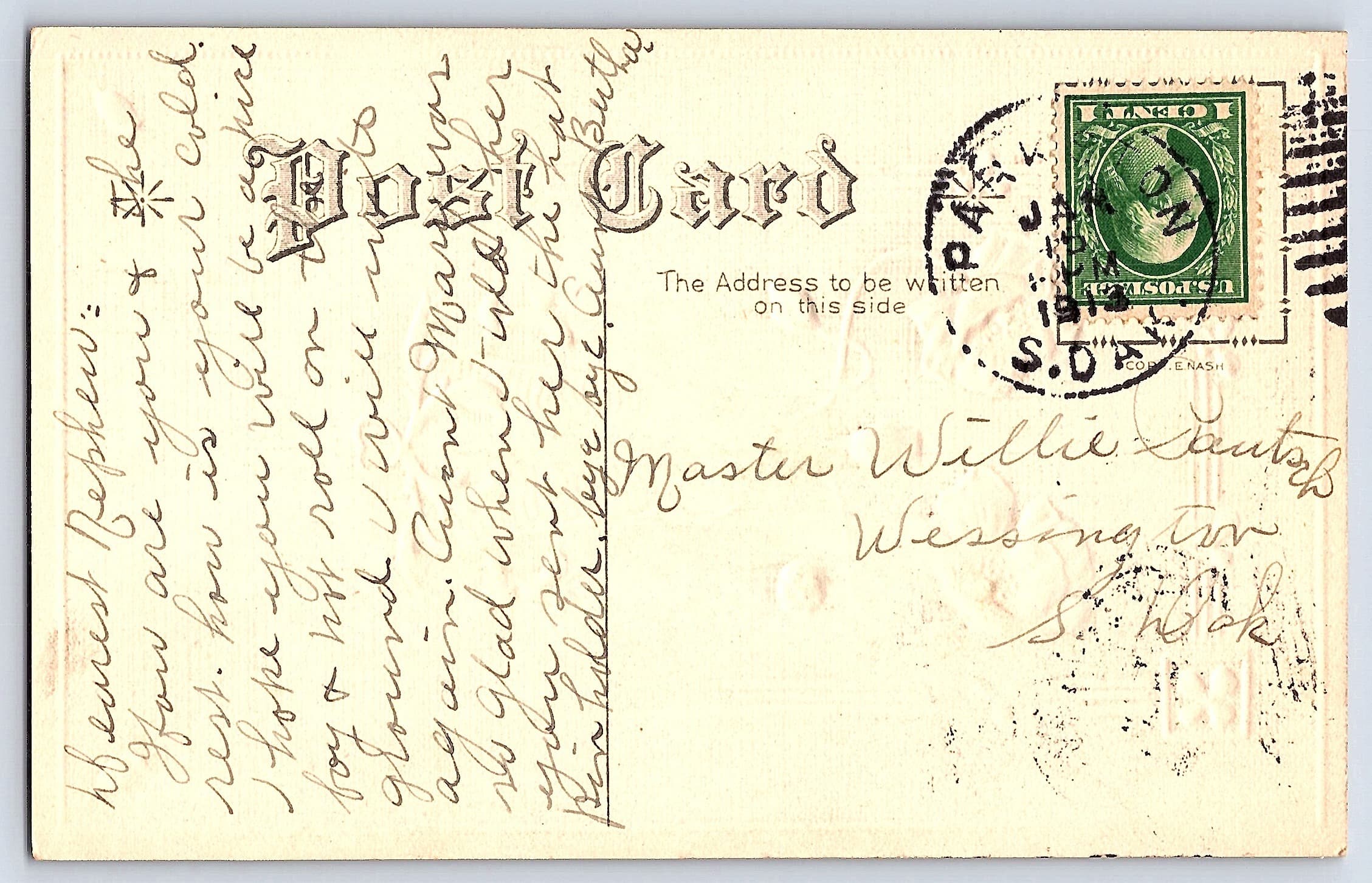 G. Nash, Divided Back Postcard, Poppies Greeting, 1910 Postmark - Back