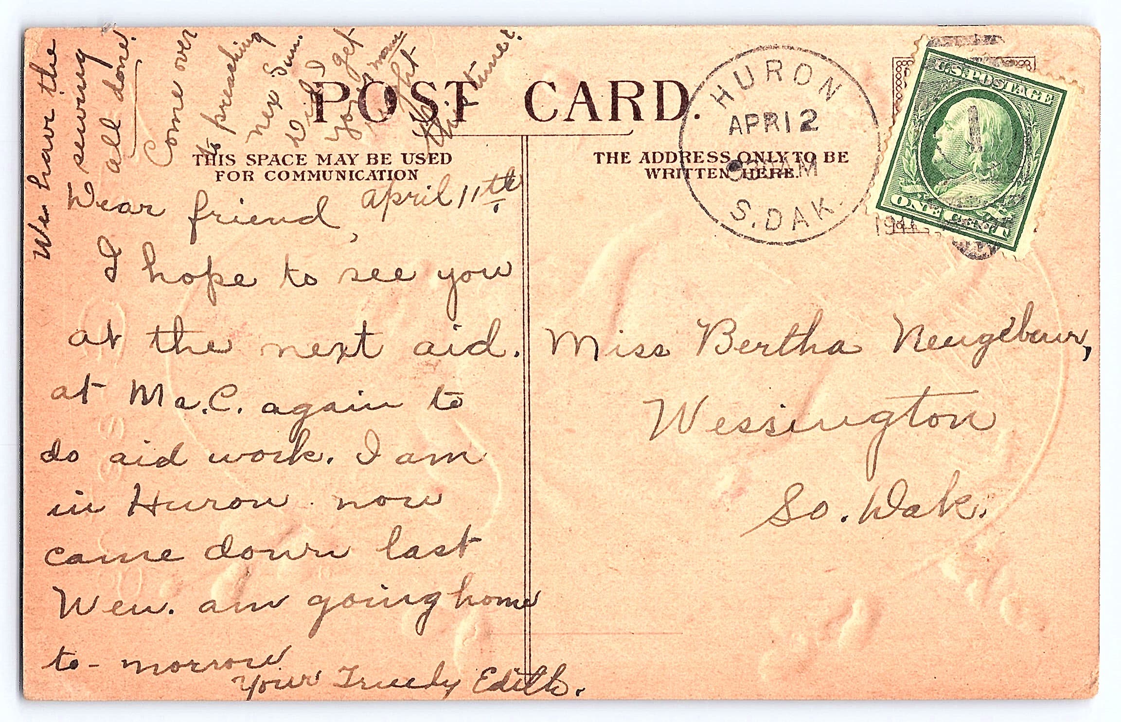 Easter Greeting, Divided Back Postcard, Huron, SD, 1912 - Back