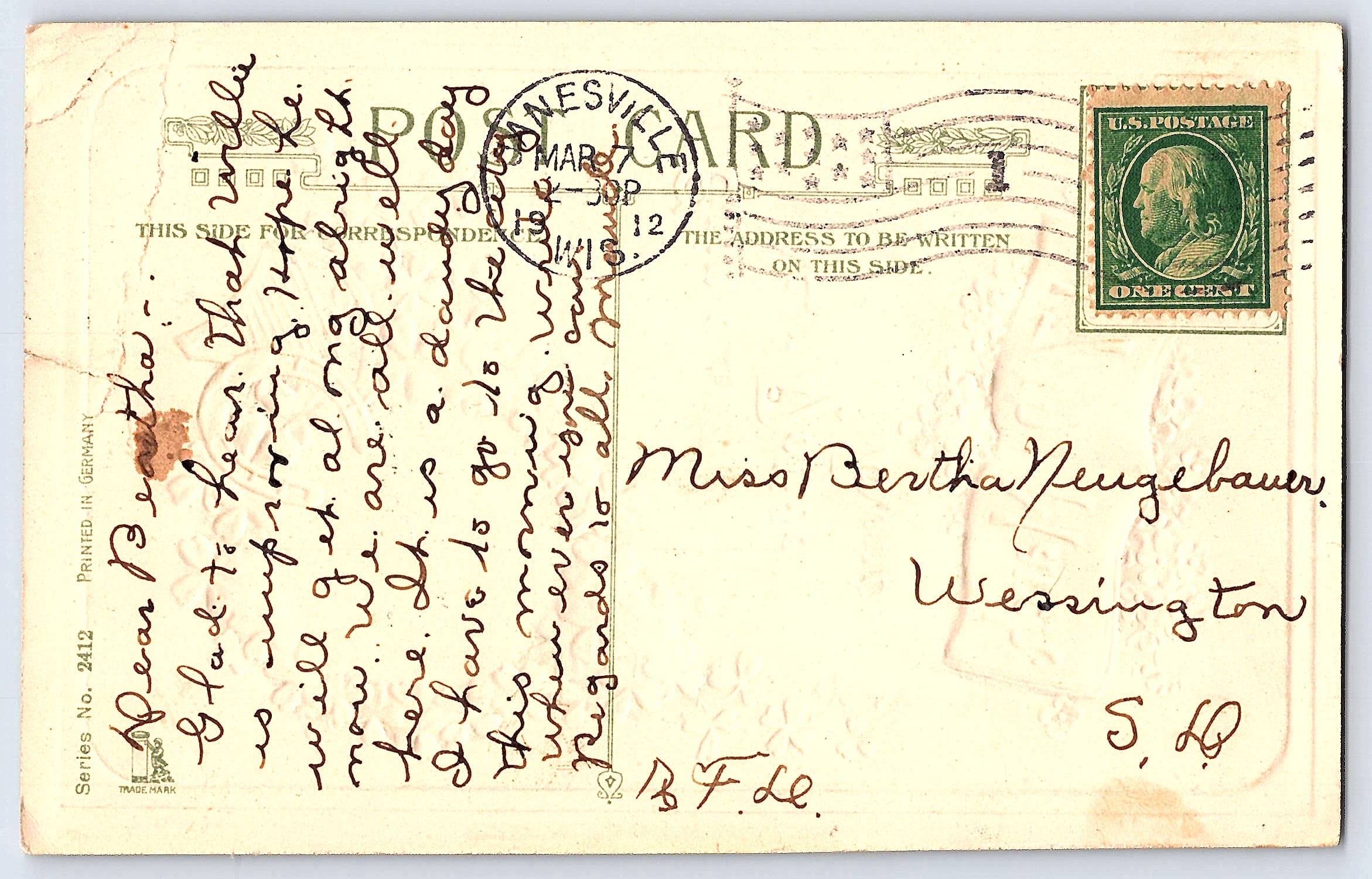 Glengarriff, Co. Cork, Divided Back Postcard, St. Patrick's Day, 1912 - Back