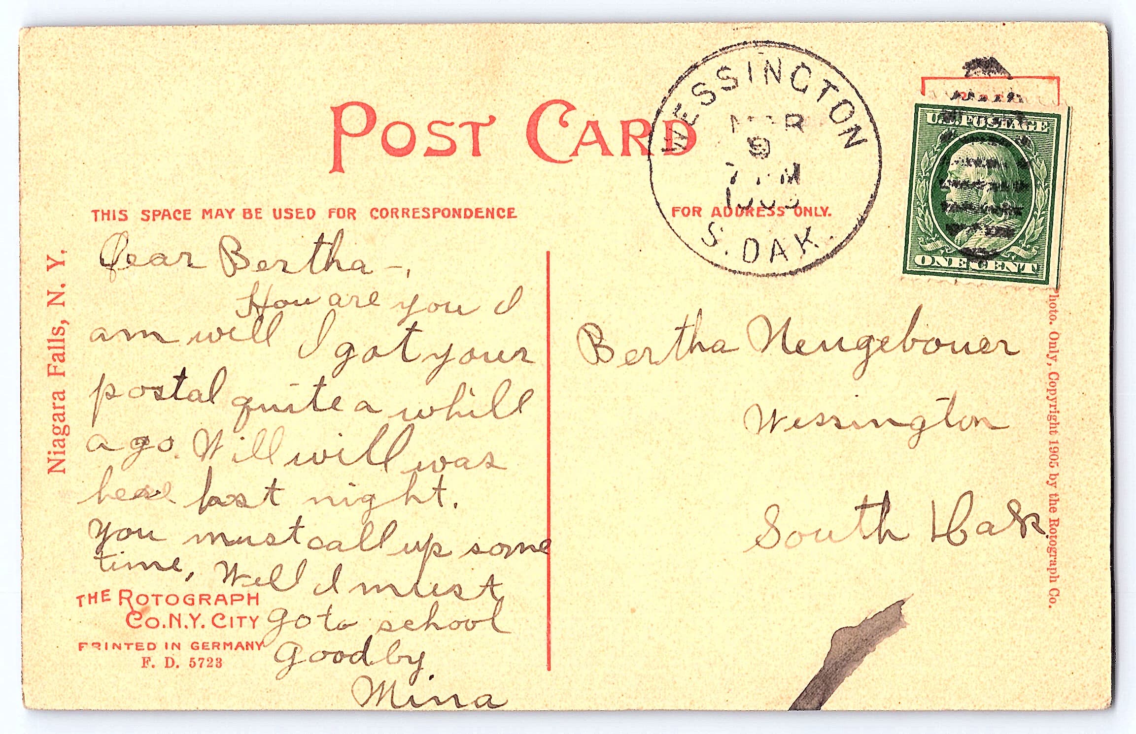 Rotograph Rustic Bridge Postcard, Niagara Falls, 1909 - Back