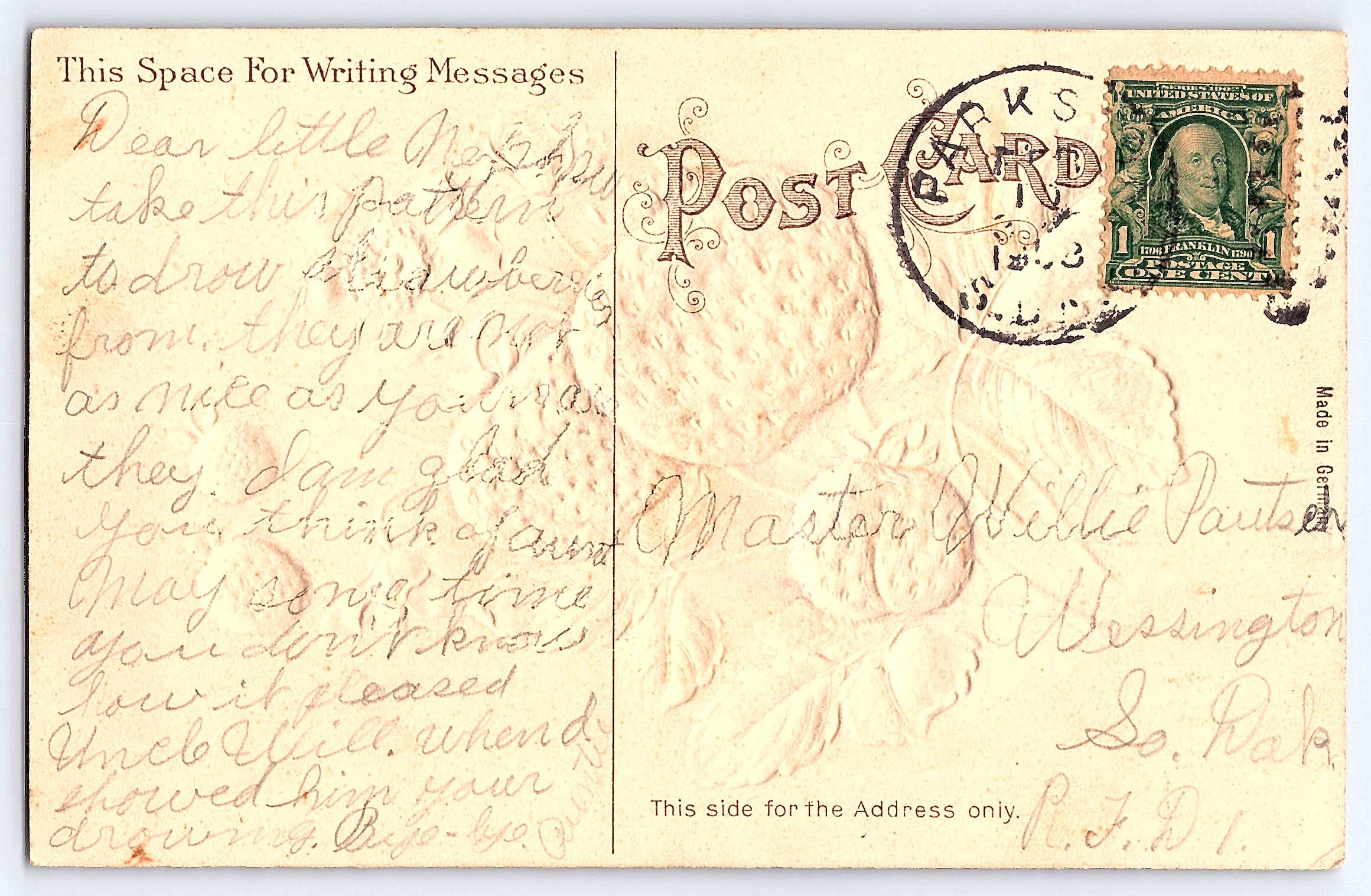 Embossed Strawberry Postcard, Made in Germany, 1913 Postmark - Back