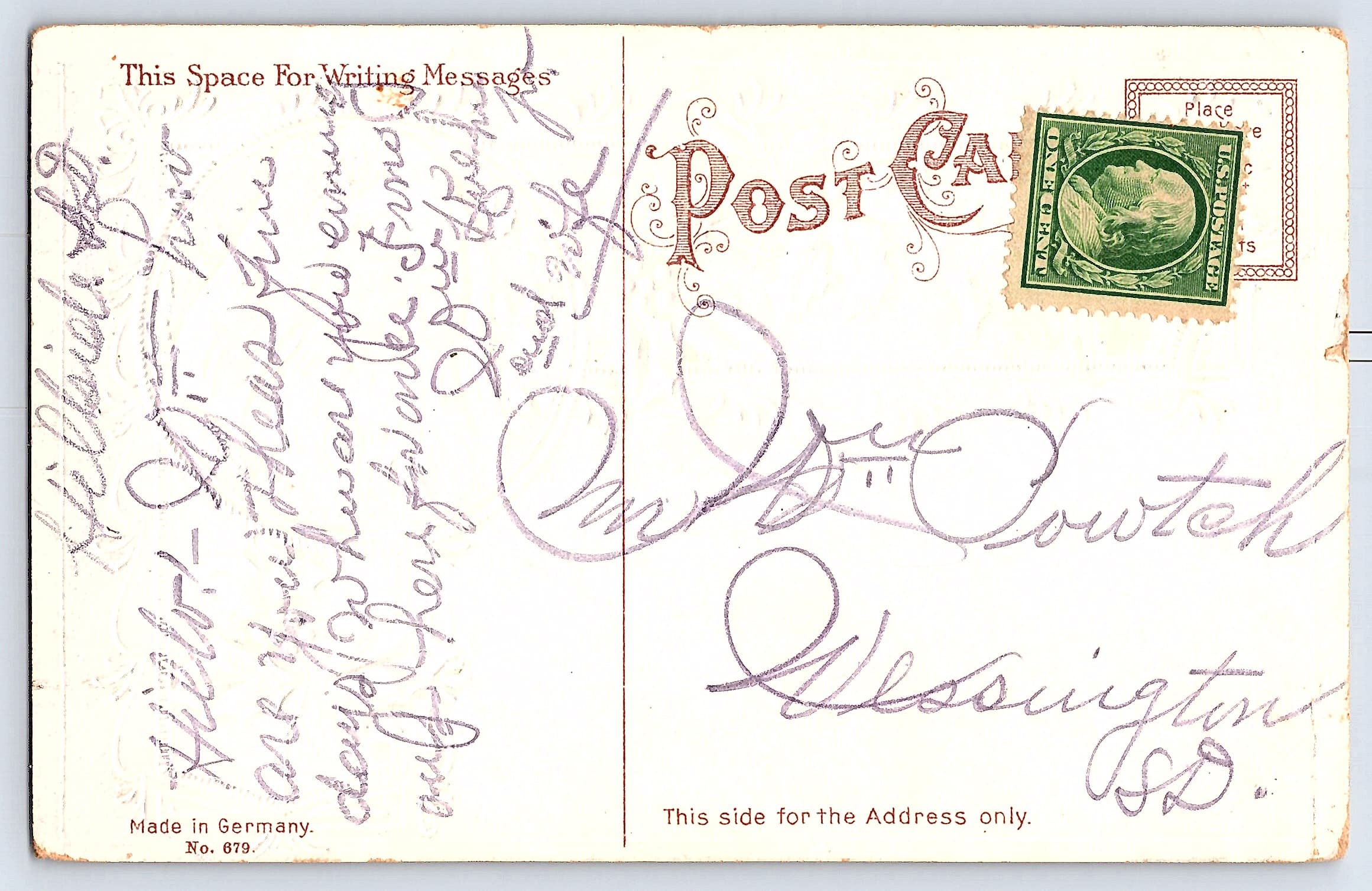 German Publisher, Divided Back, Santa Christmas, Wessington SD, 1910s - Back