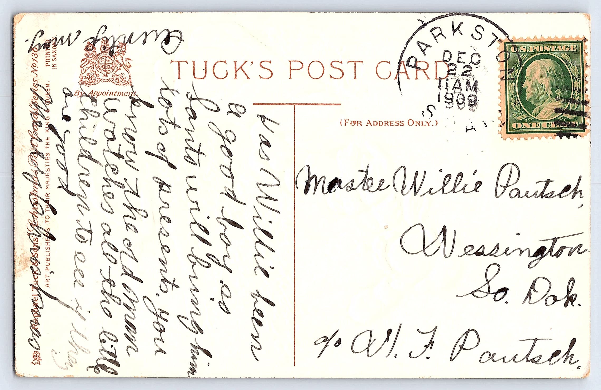 Tuck's Christmas Greetings Postcard, Children in Snow, 1909 Postmark - Back
