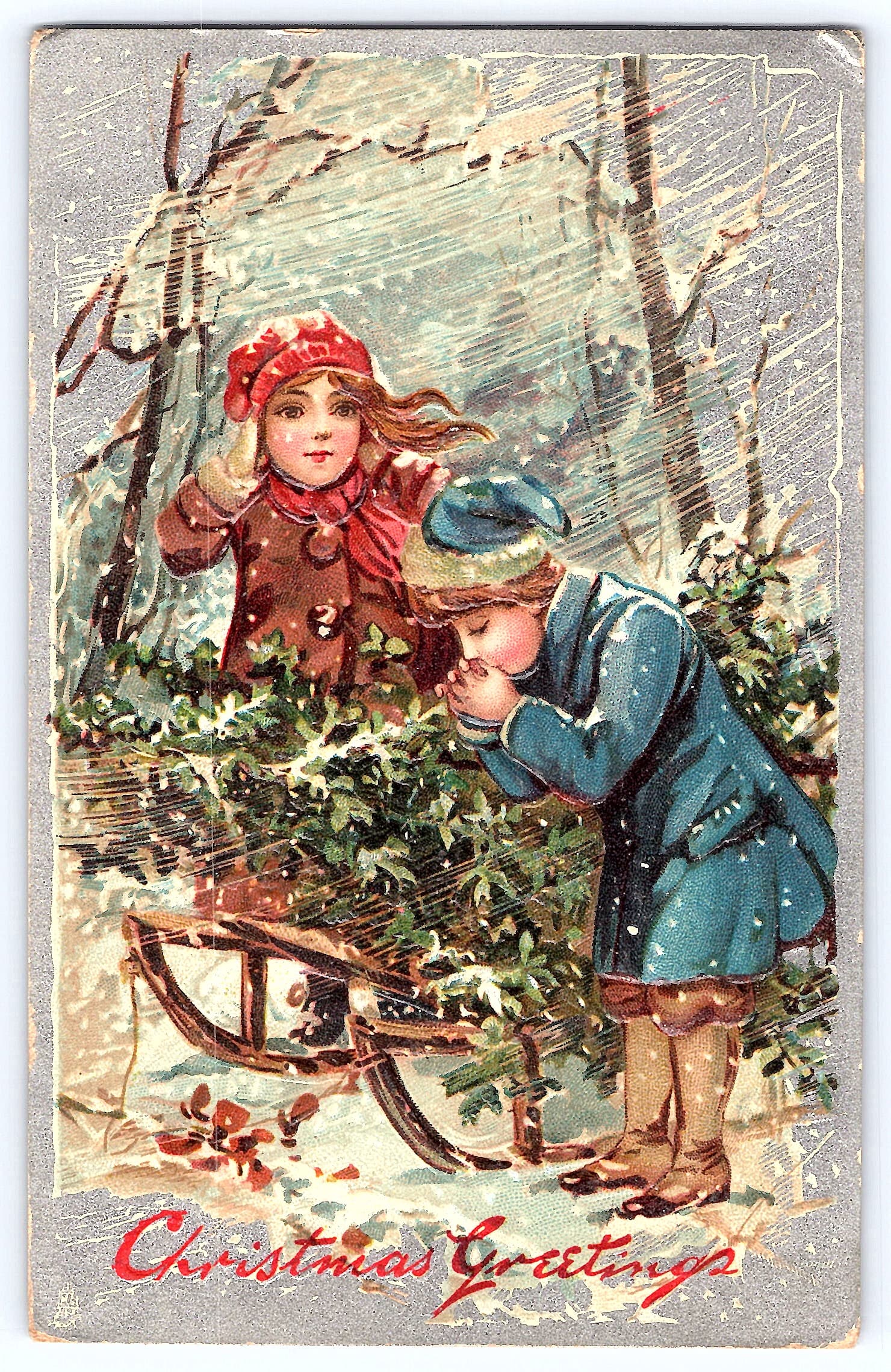 Tuck's Christmas Greetings Postcard, Children in Snow, 1909 Postmark
