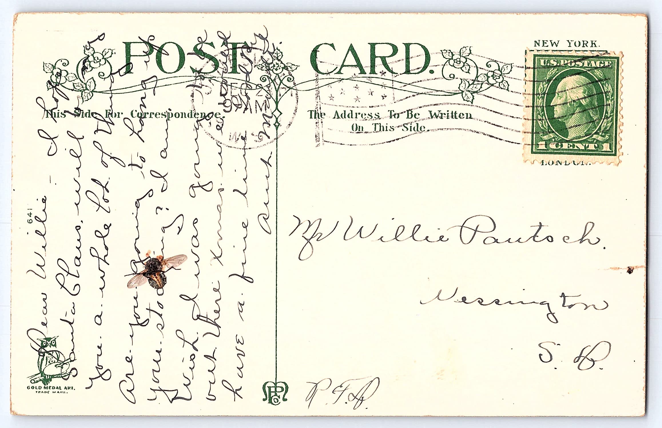 Gold Medal Art, Divided Back Christmas Scene, New York, 1914 Postmark - Back