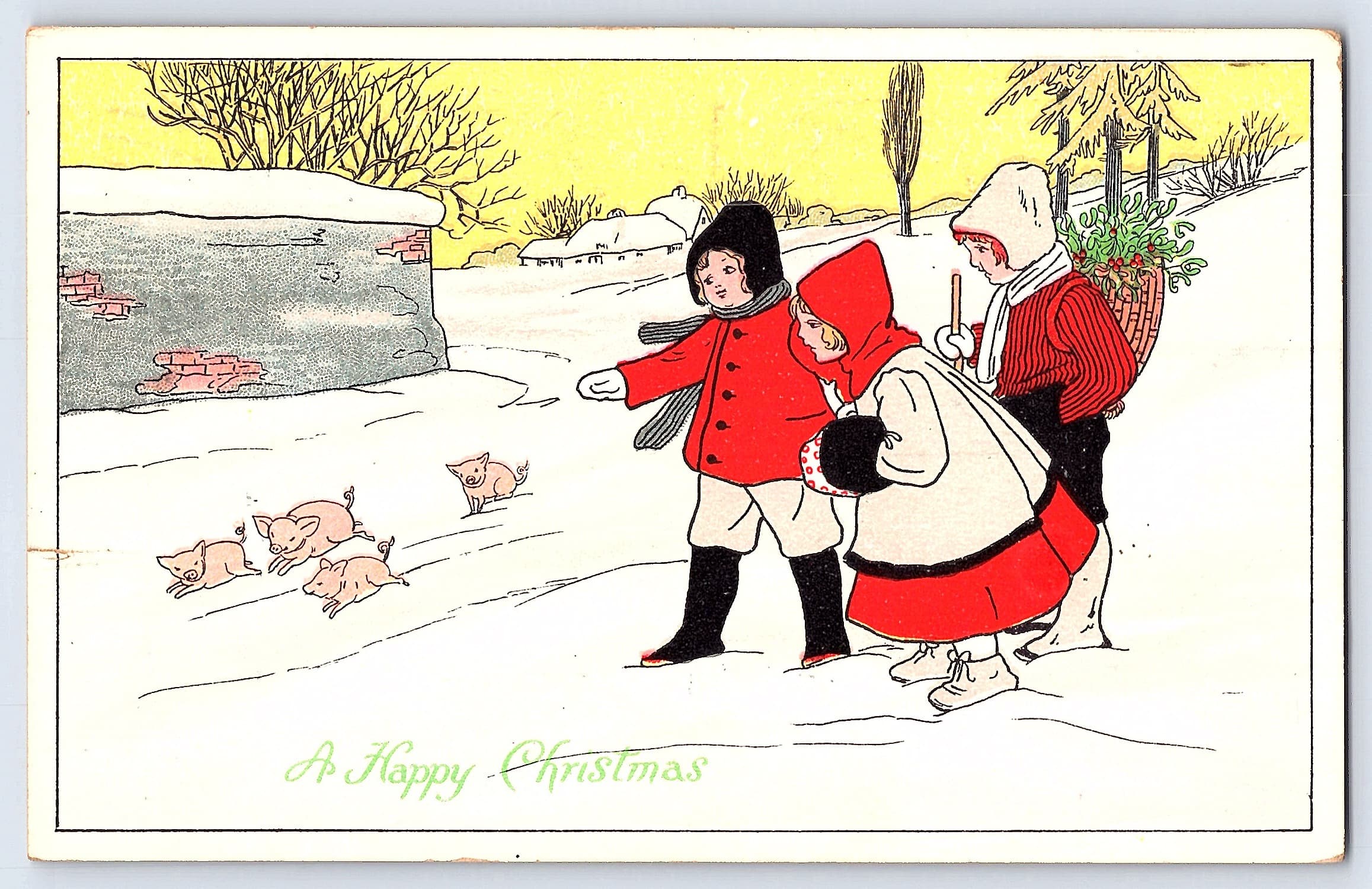 Gold Medal Art, Divided Back Christmas Scene, New York, 1914 Postmark