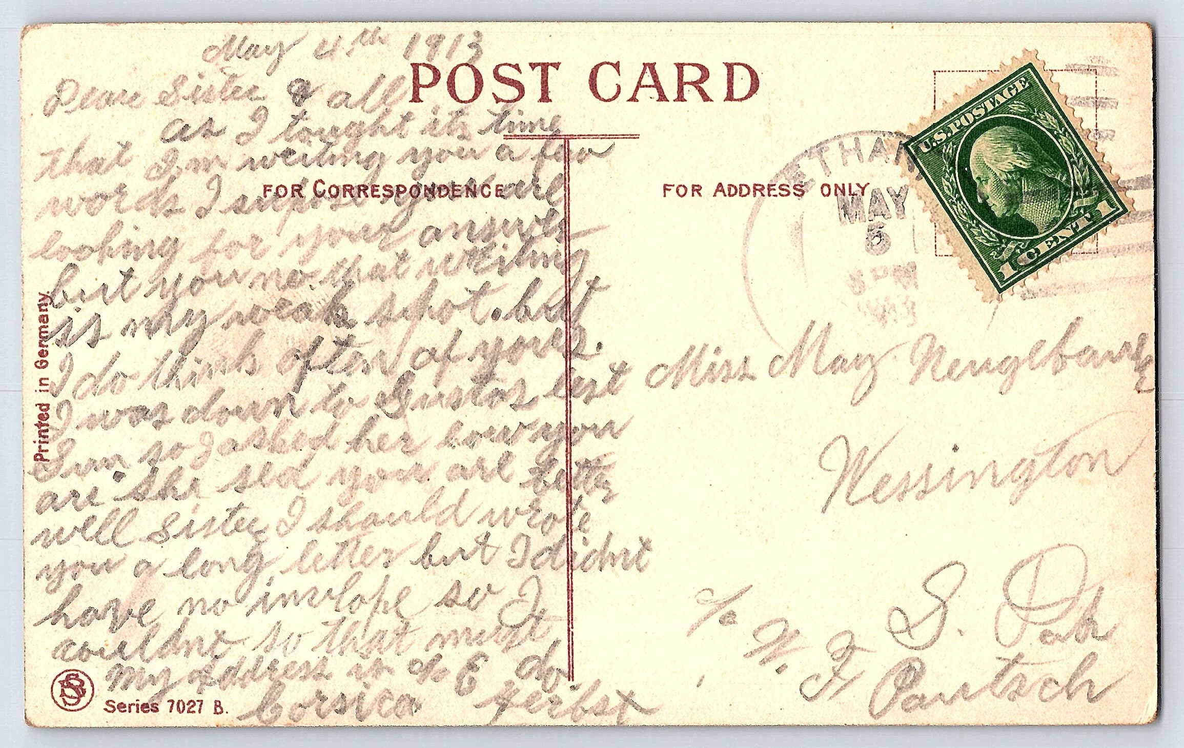 Printed in Germany, Divided Back, Roses Best Wishes, 1913 Postmark - Back
